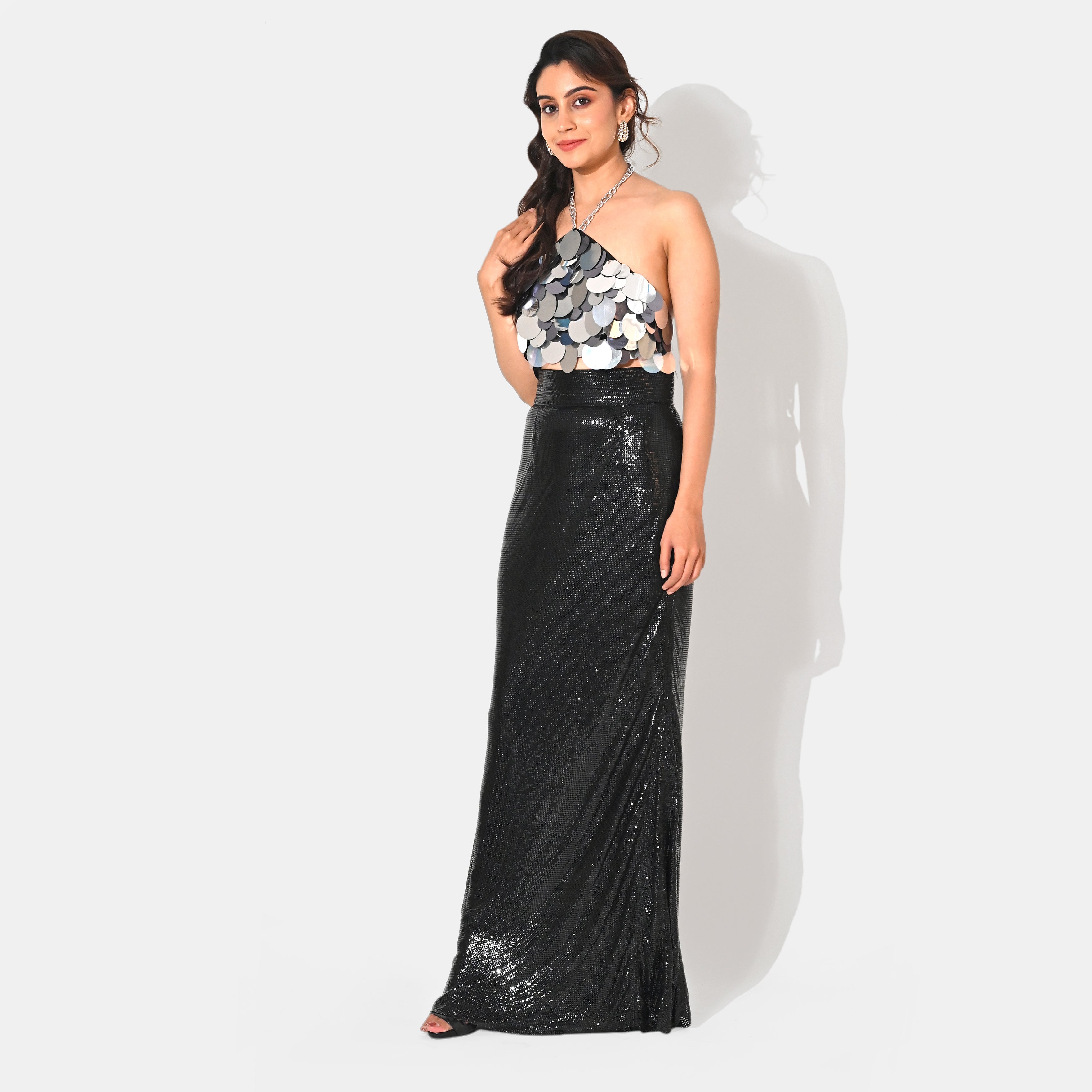 ISLA METALLIC SILVER SEQUIN HALTER CROP TOP