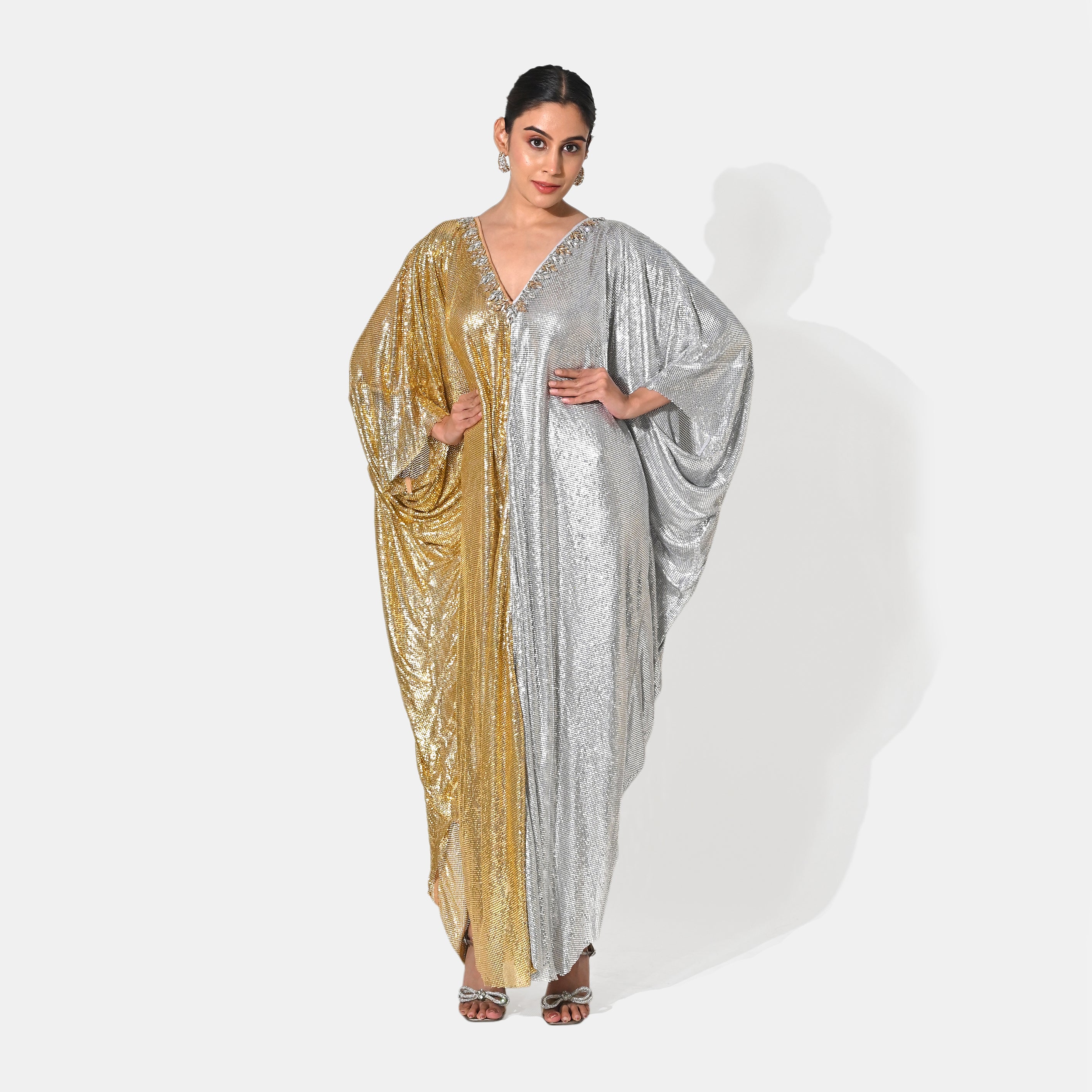 NOOR CHAIN MAIL METALLIC GOLD SILVER KAFTAN