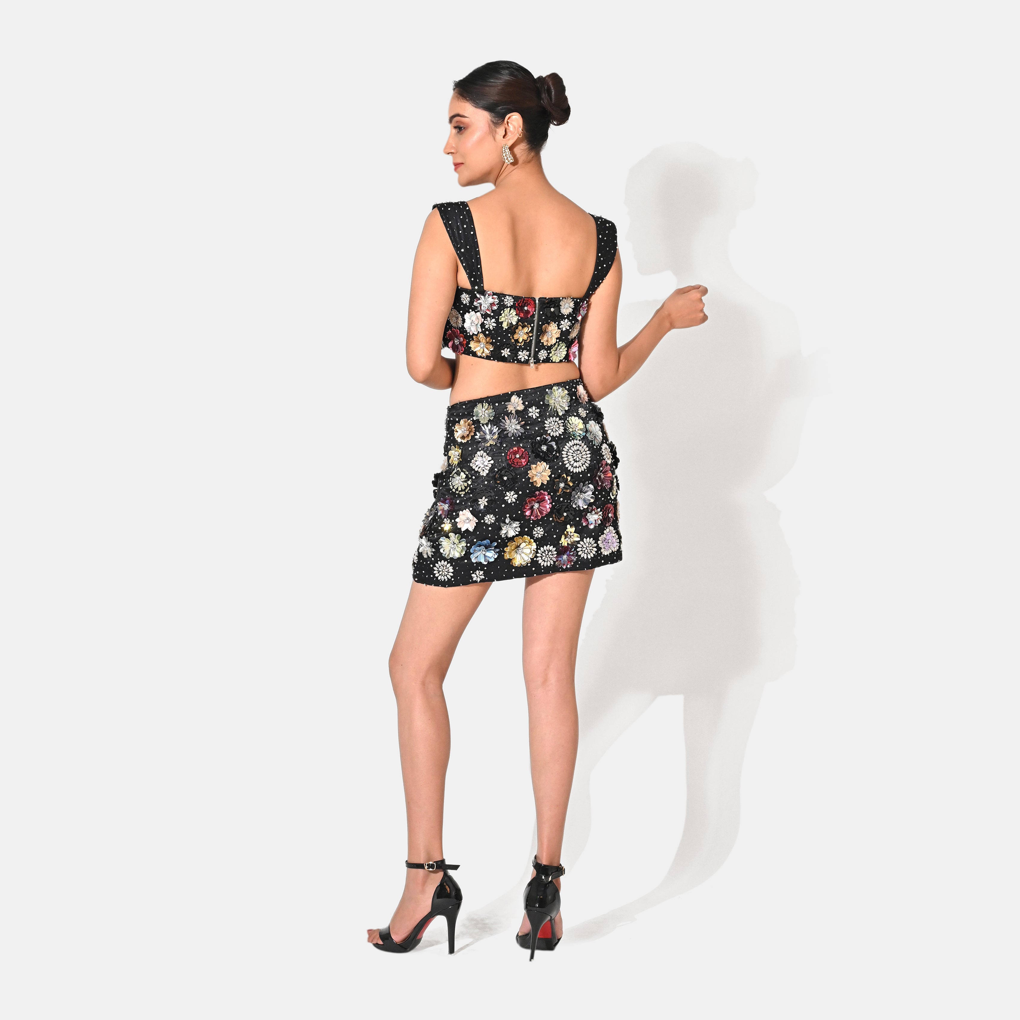 CHARLOTTE BLACK FLORAL SEQUIN EMBELLISHED MINI CO-ORD SET