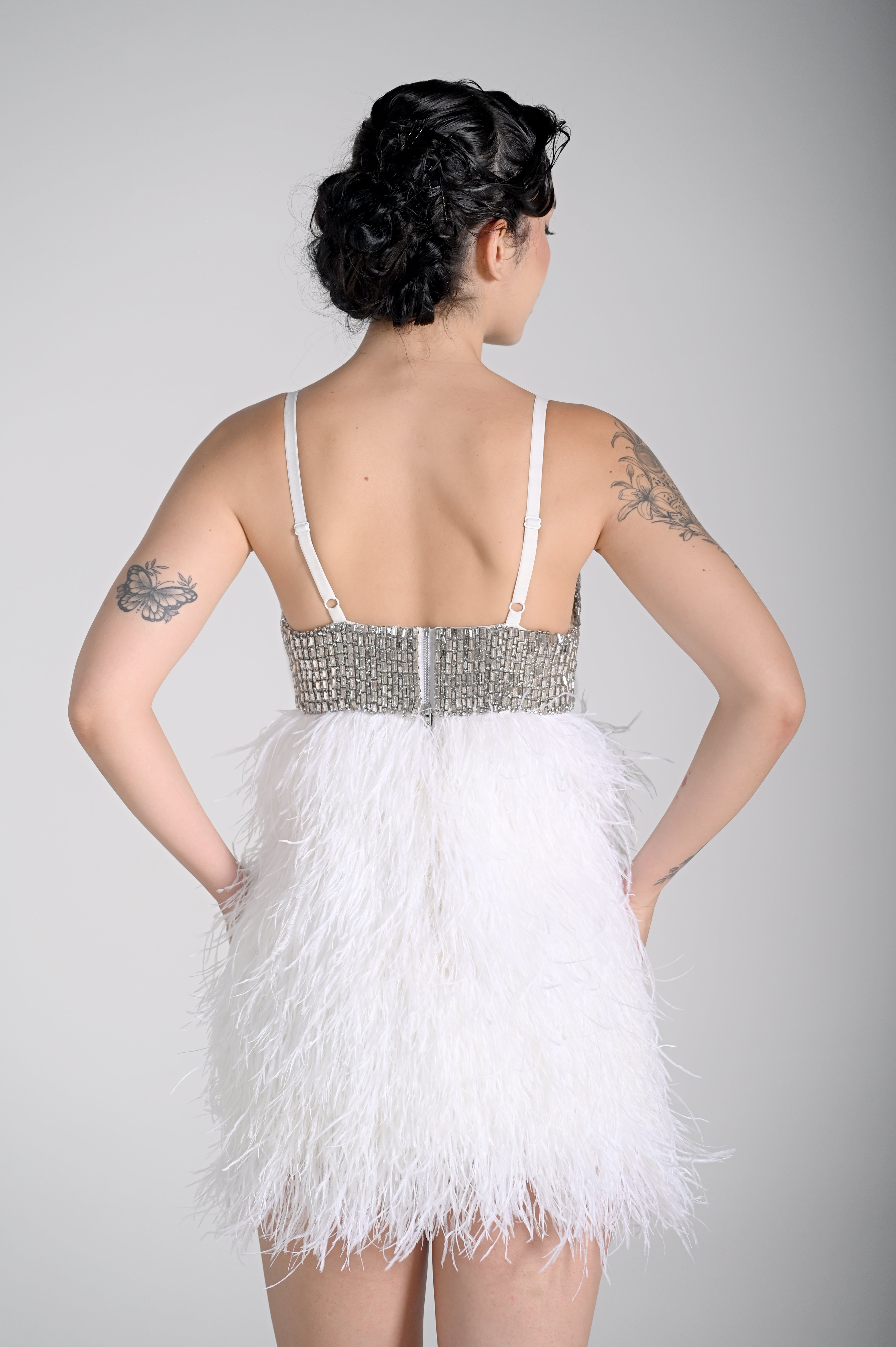 SABRINA CRYSTAL FEATHER MINI DRESS