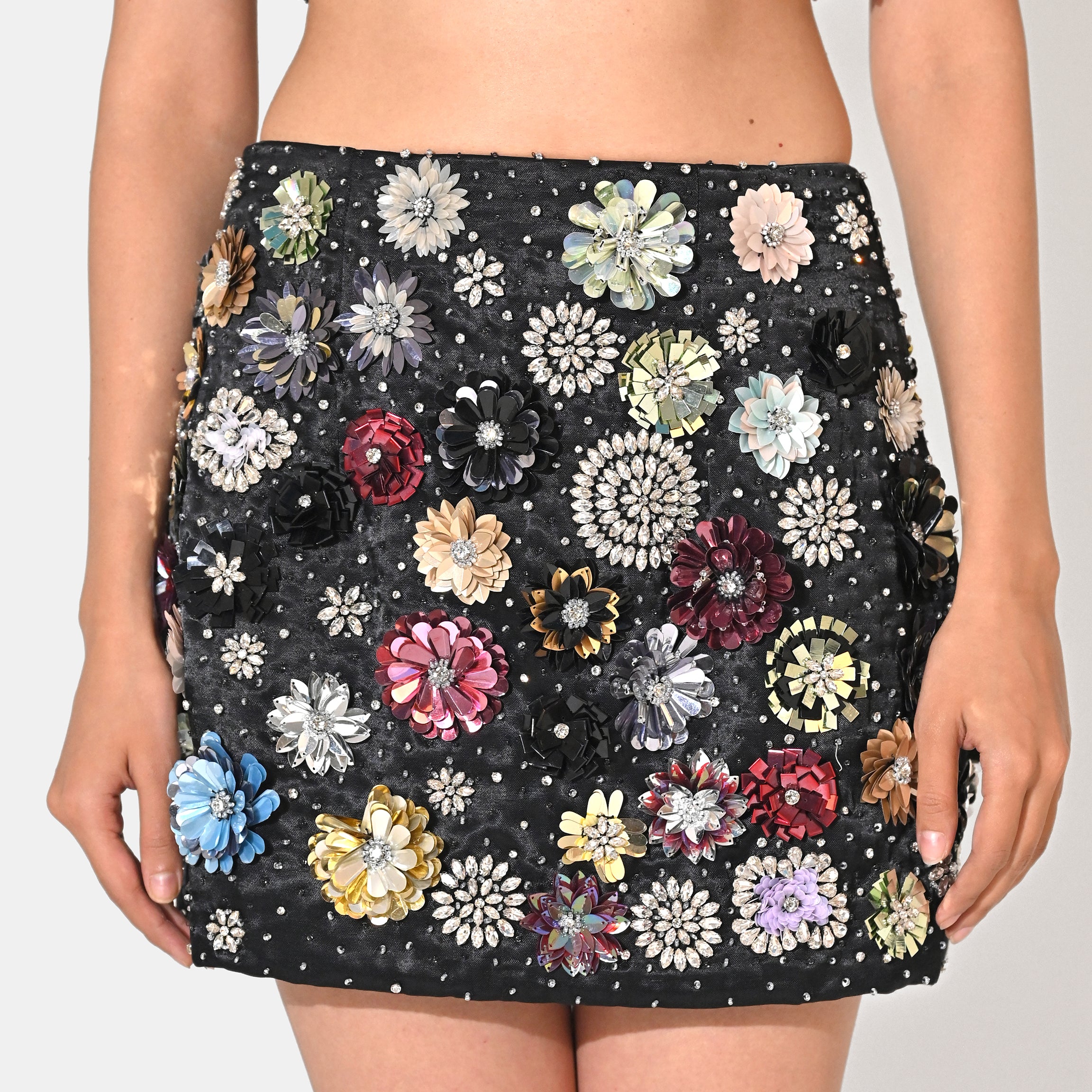 CHARLOTTE BLACK FLORAL SEQUIN EMBELLISHED MINI SKIRT