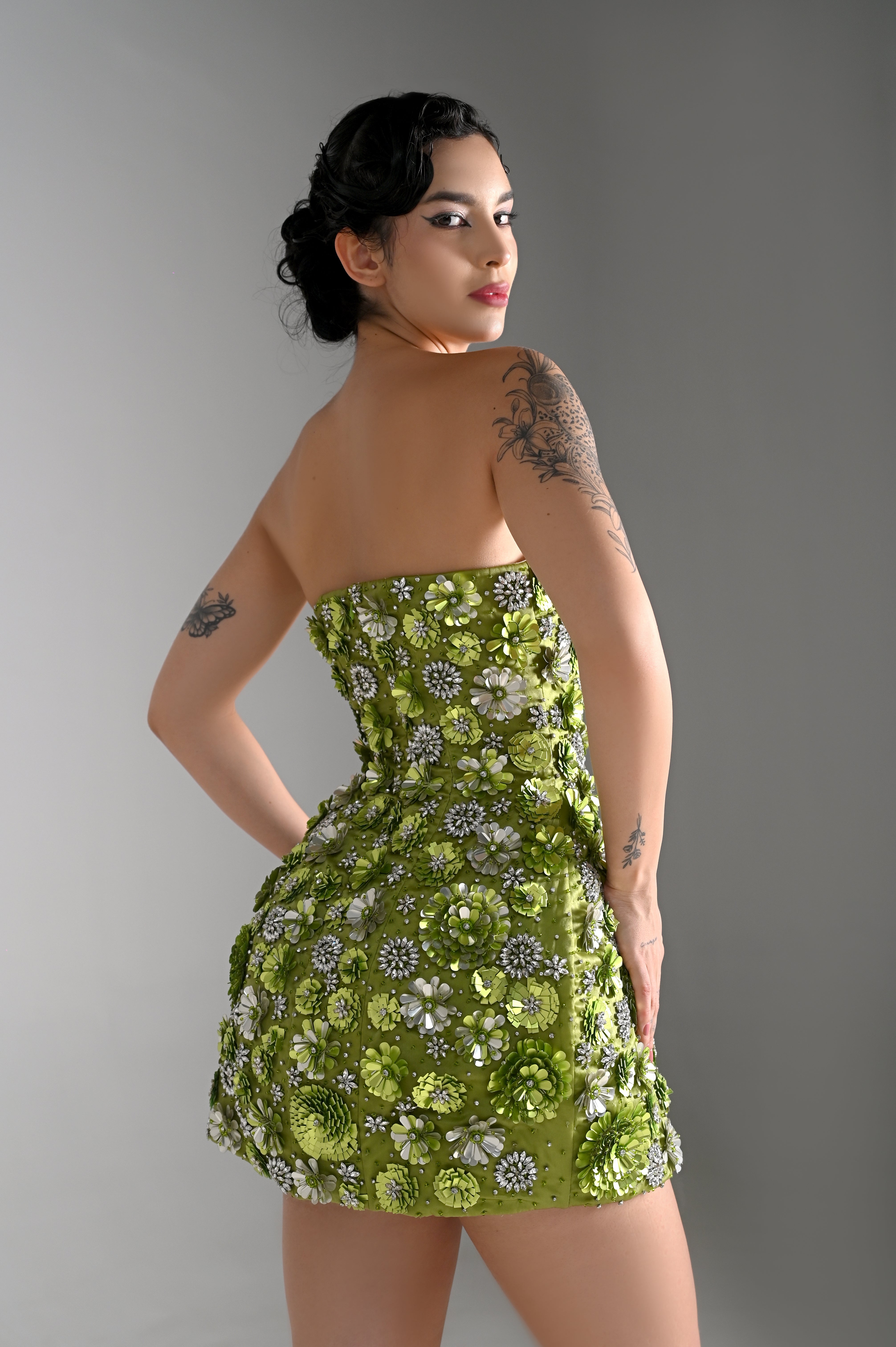 CHARLOTTE GREEN FLORAL EMBELLISHED MINI DRESS