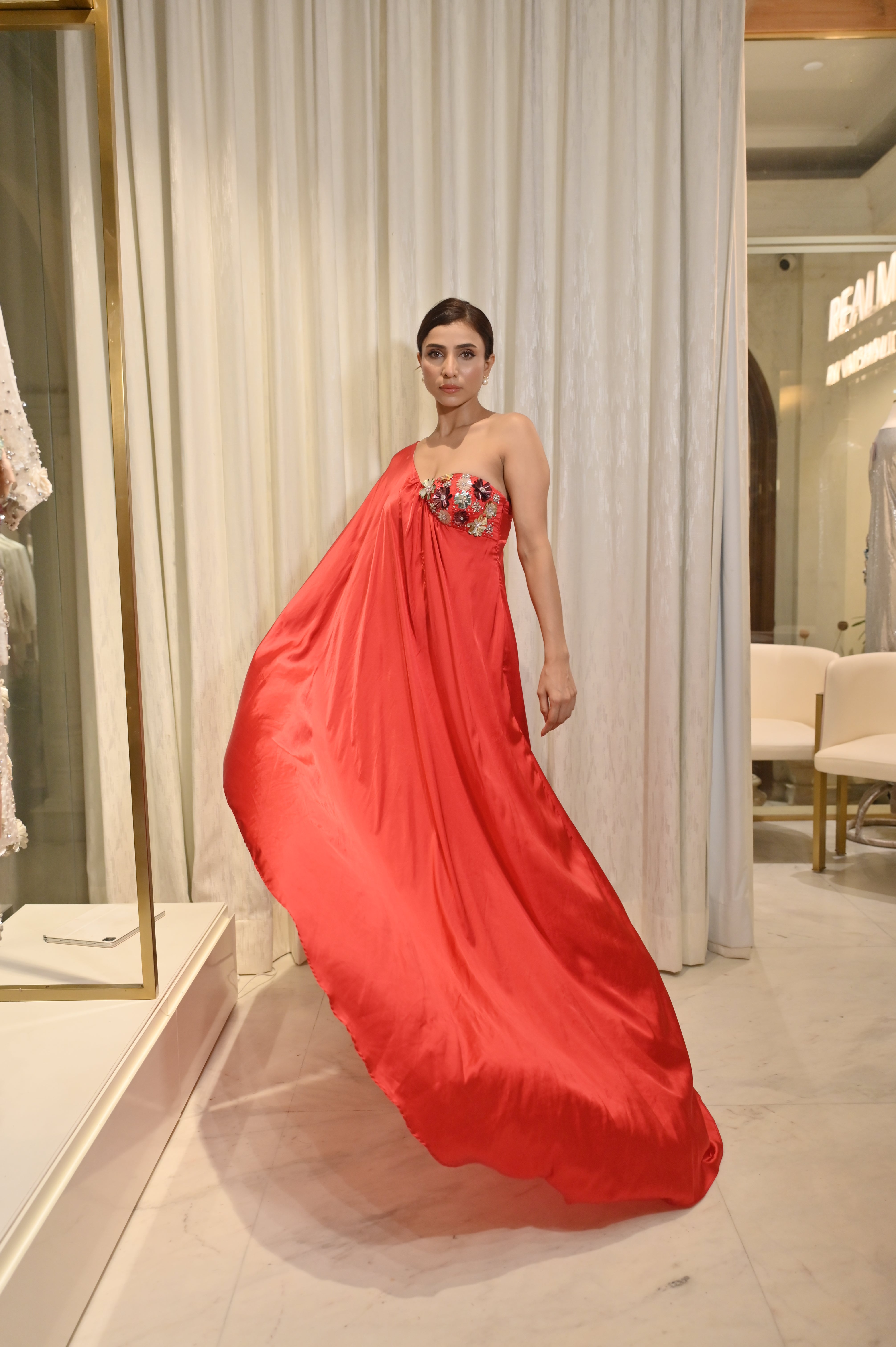 SELENA RED SEQUIN EMBELLISHED DRAPE GOWN