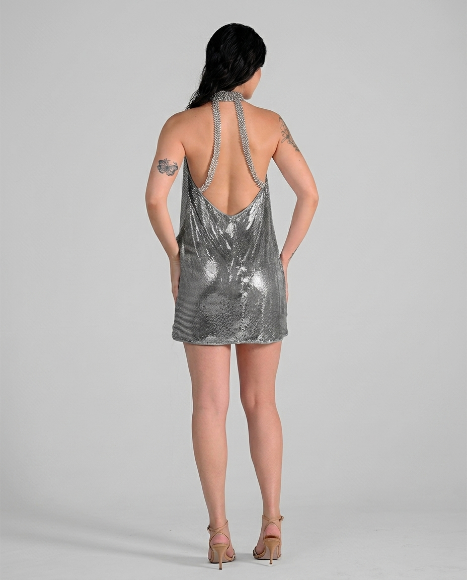 COCO CHARCOAL CHAINMAIL METALLIC MINI DRESS