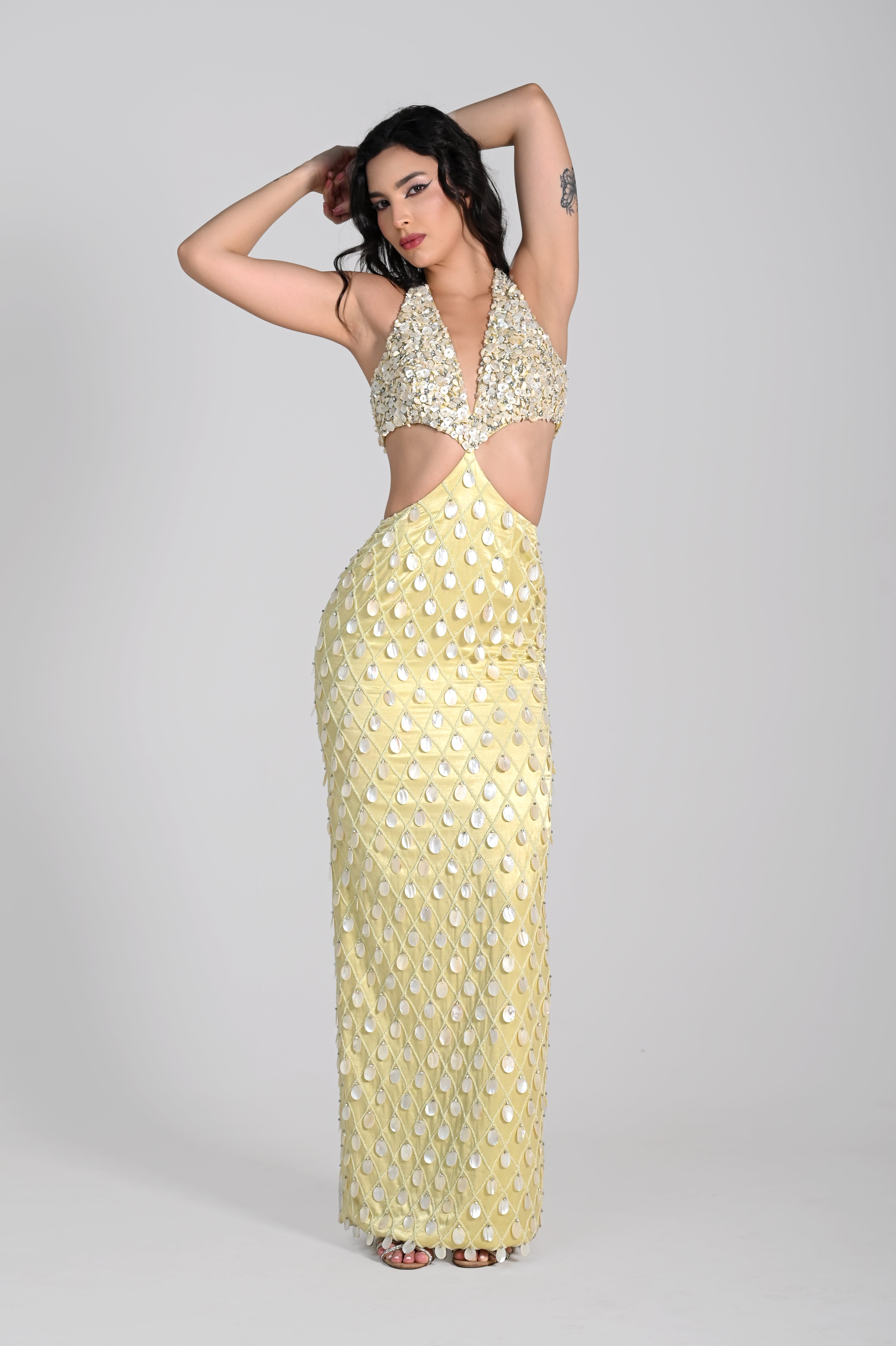 MADELINE HALTER NECK PISTACHIO LIME PEARL MAXI DRESS