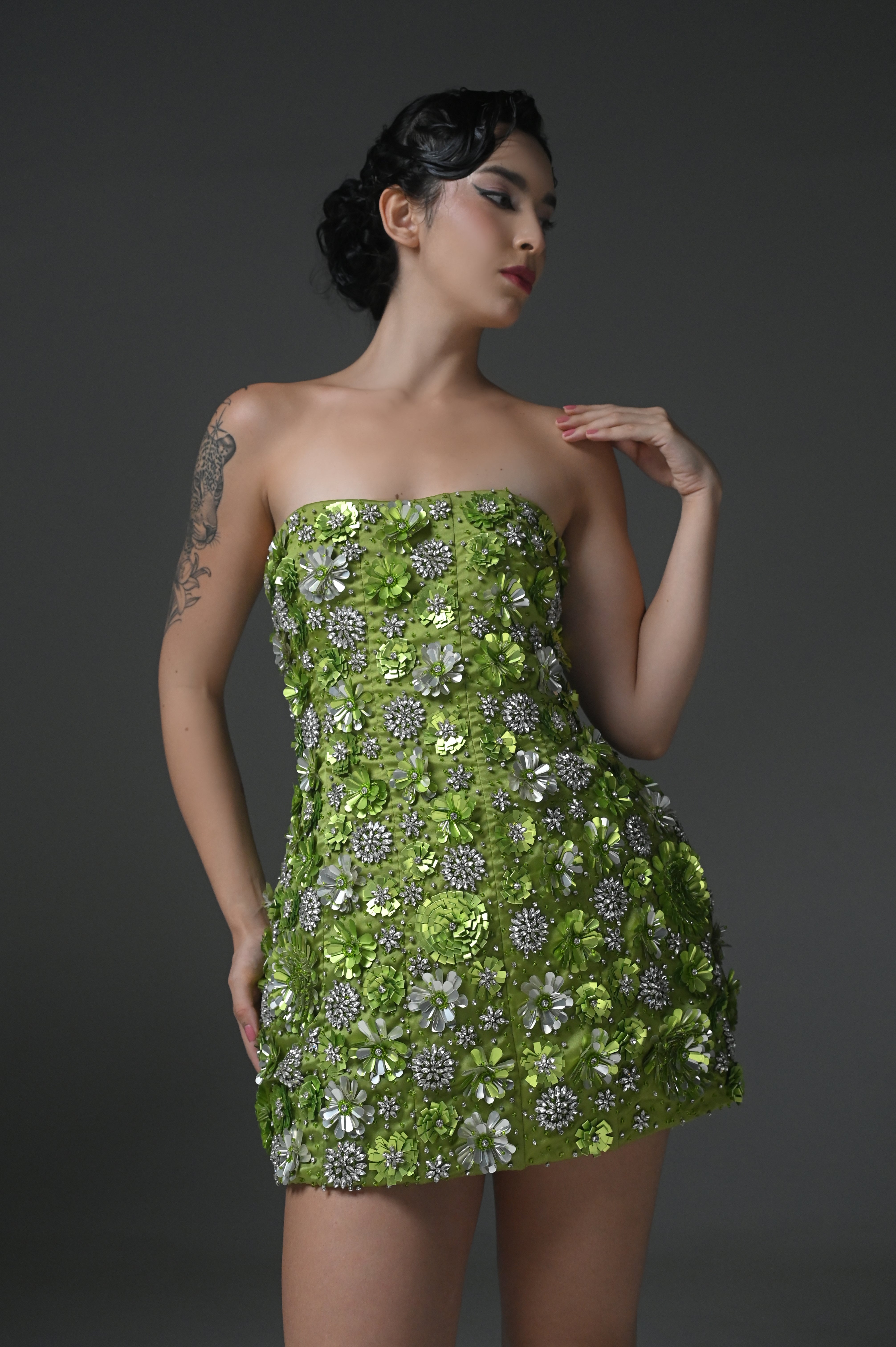 CHARLOTTE GREEN FLORAL EMBELLISHED MINI DRESS
