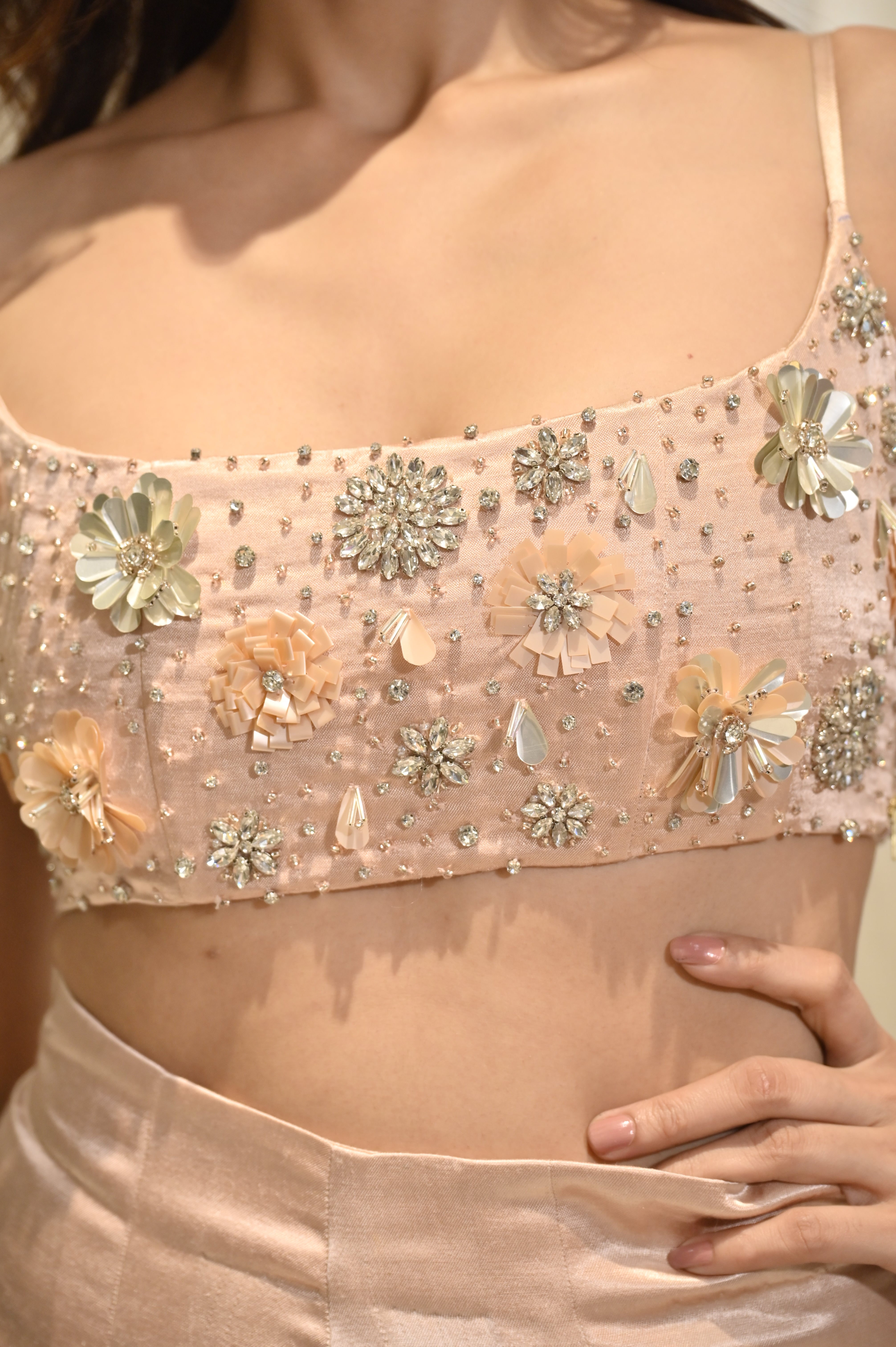 CHARLOTTE NUDE FLORAL SEQUIN EMBELLISHED CROP TOP