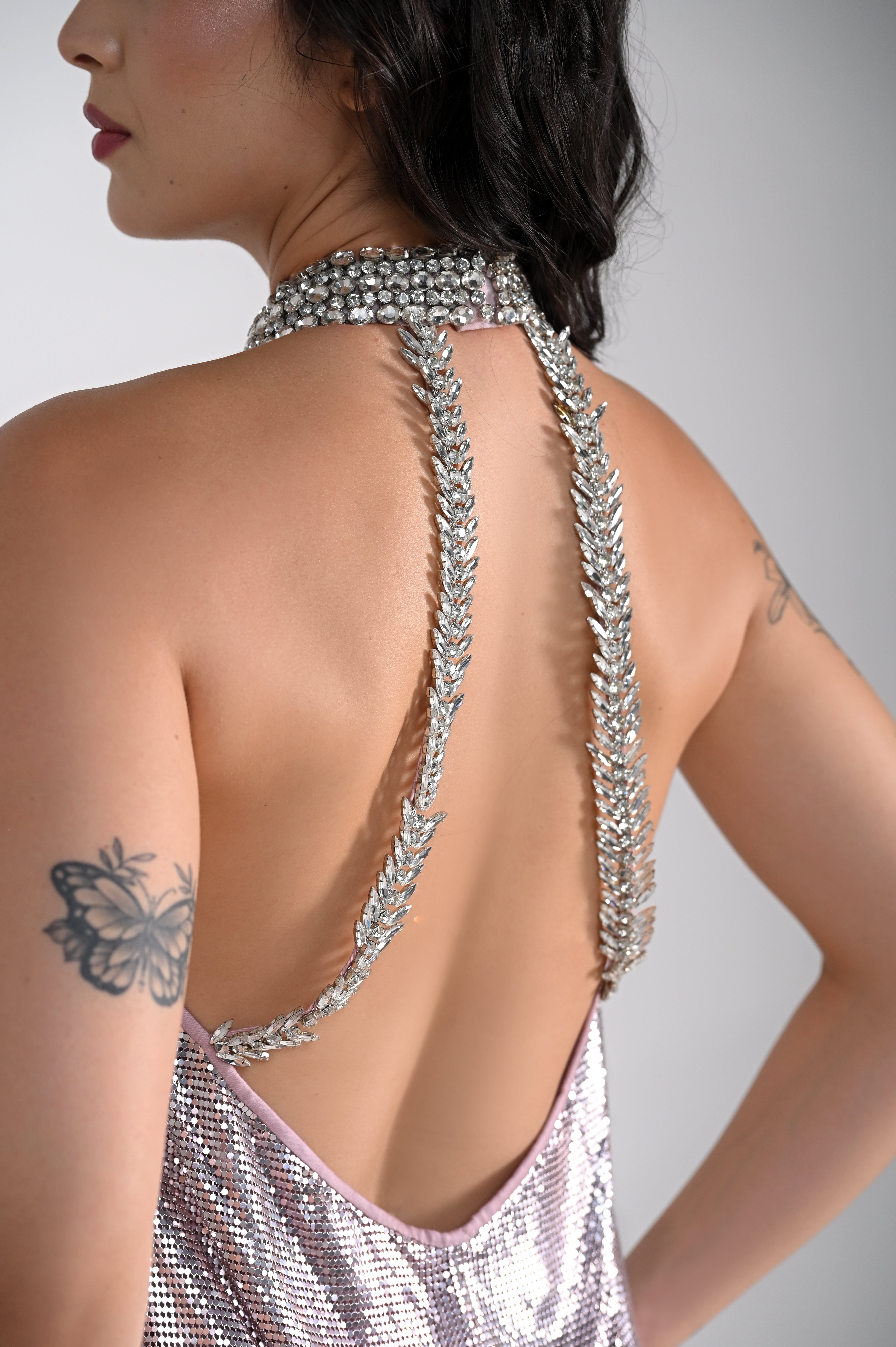 COCO ROSÈ CHAINMAIL METALLIC MINI DRESS WITH COLLAR