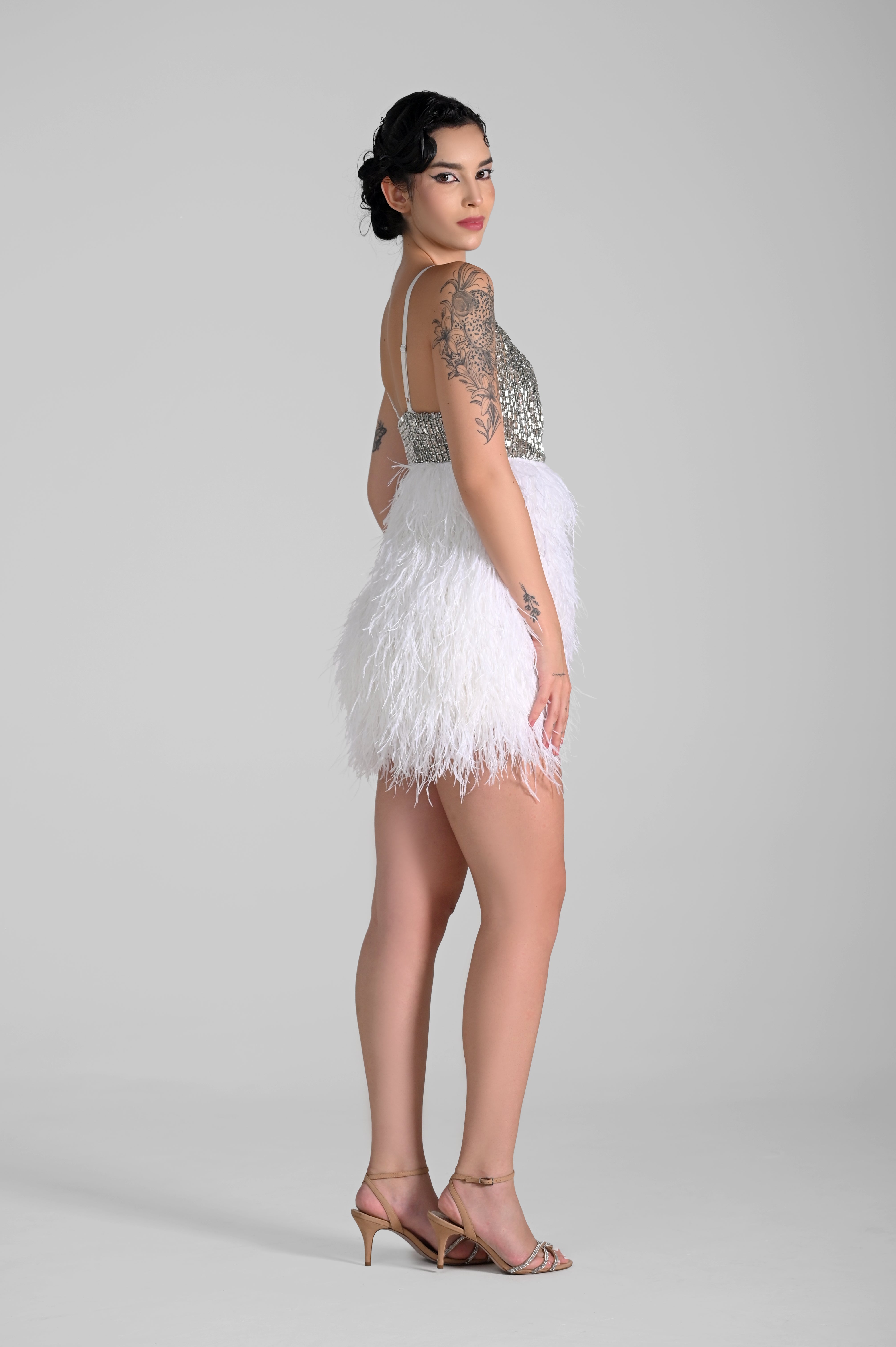 SABRINA CRYSTAL FEATHER MINI DRESS