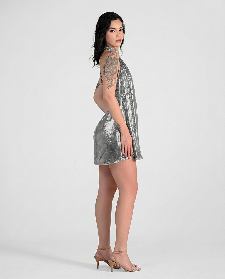 COCO CHARCOAL CHAINMAIL METALLIC MINI DRESS