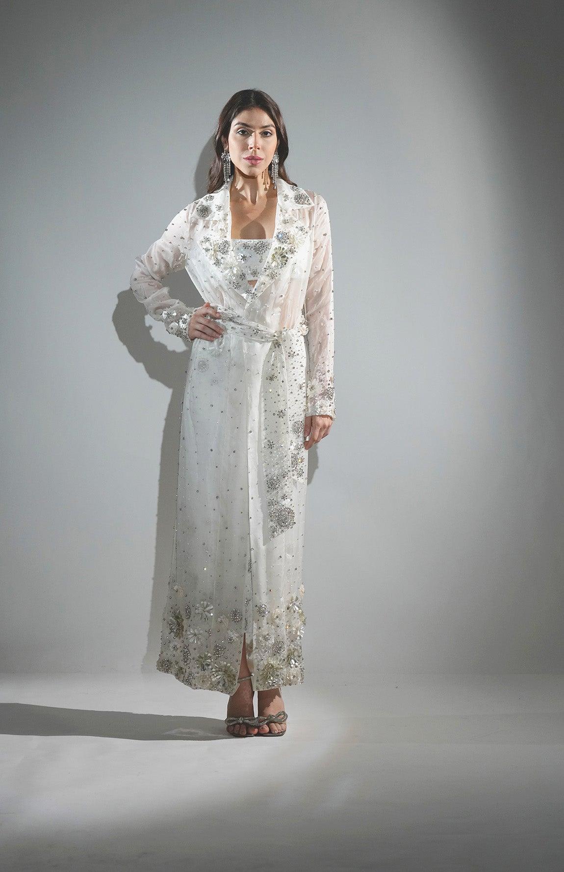 CHARLOTTE WHITE FLORAL SEQUIN EMBELLISHED TRENCH COAT