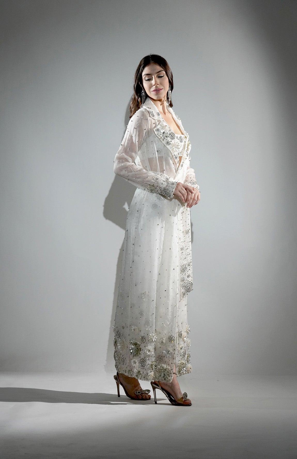 CHARLOTTE WHITE FLORAL SEQUIN EMBELLISHED TRENCH COAT