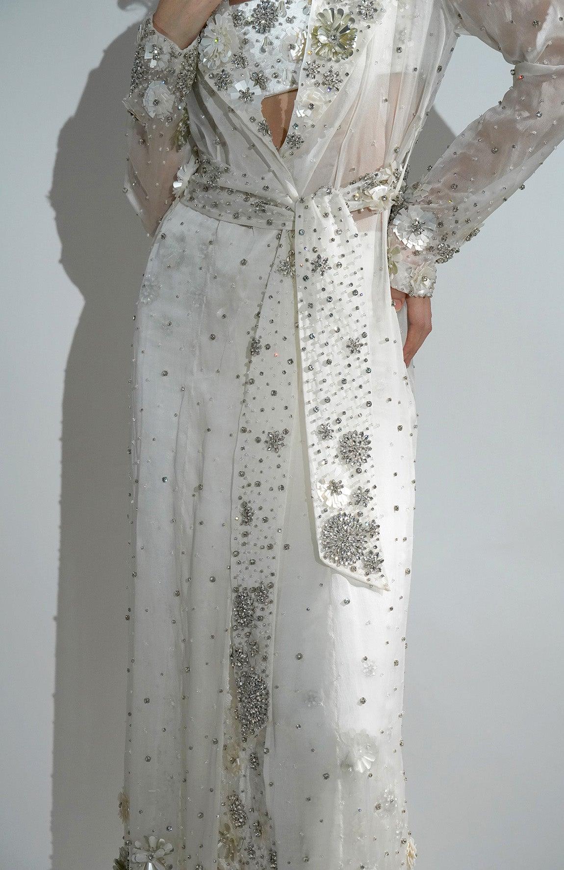 CHARLOTTE WHITE FLORAL SEQUIN EMBELLISHED TRENCH COAT