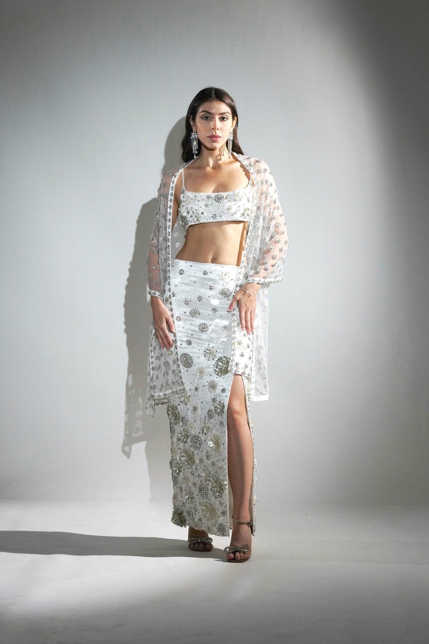 CHARLOTTE WHITE FLORAL SEQUIN EMBELLISHED MAXI CO-ORD SET WITH STOLE