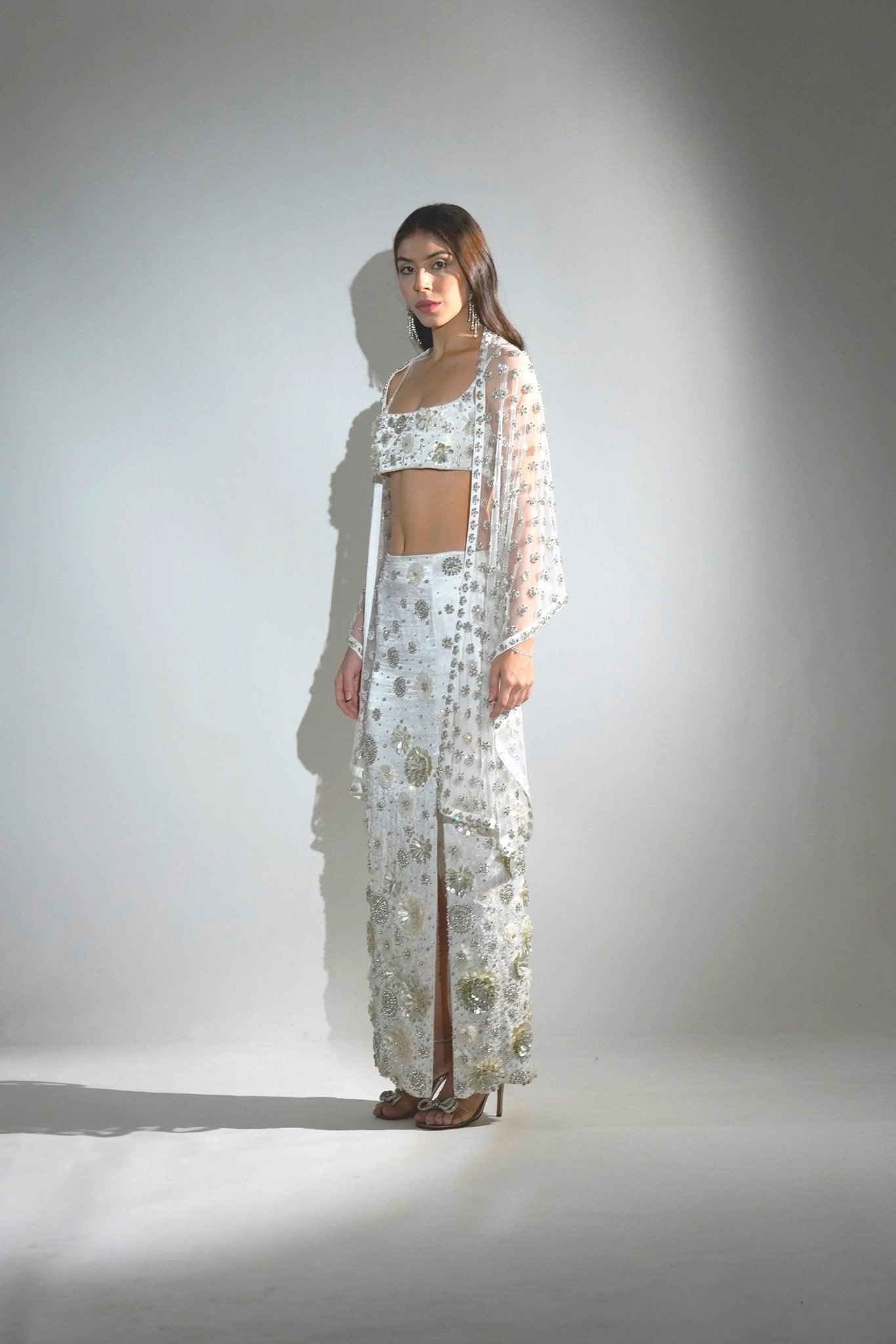 CHARLOTTE WHITE FLORAL SEQUIN EMBELLISHED MAXI CO-ORD SET WITH STOLE