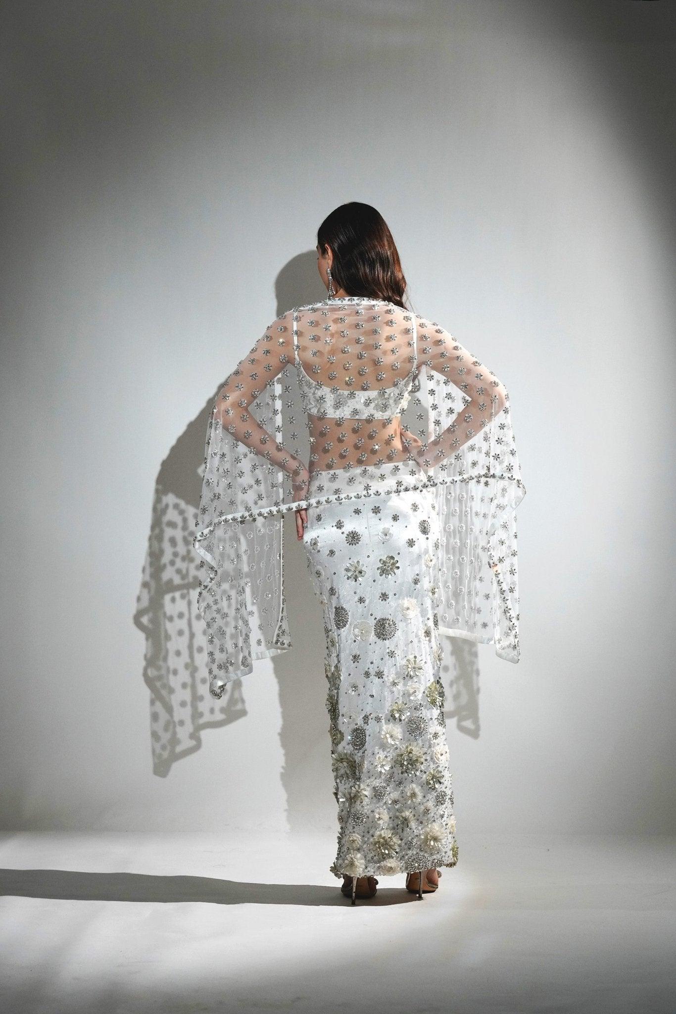 CHARLOTTE WHITE FLORAL SEQUIN EMBELLISHED MAXI CO-ORD SET WITH STOLE