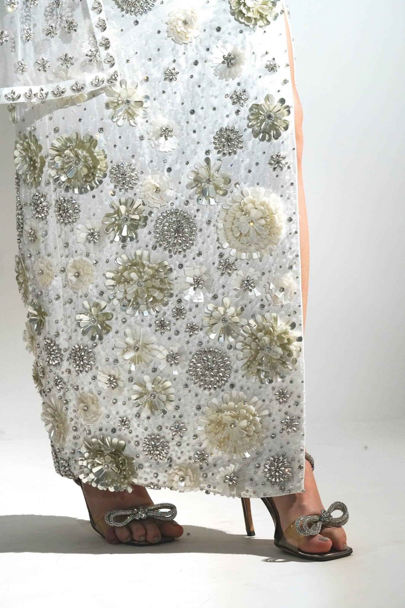 CHARLOTTE WHITE FLORAL SEQUIN EMBELLISHED MAXI CO-ORD SET WITH STOLE