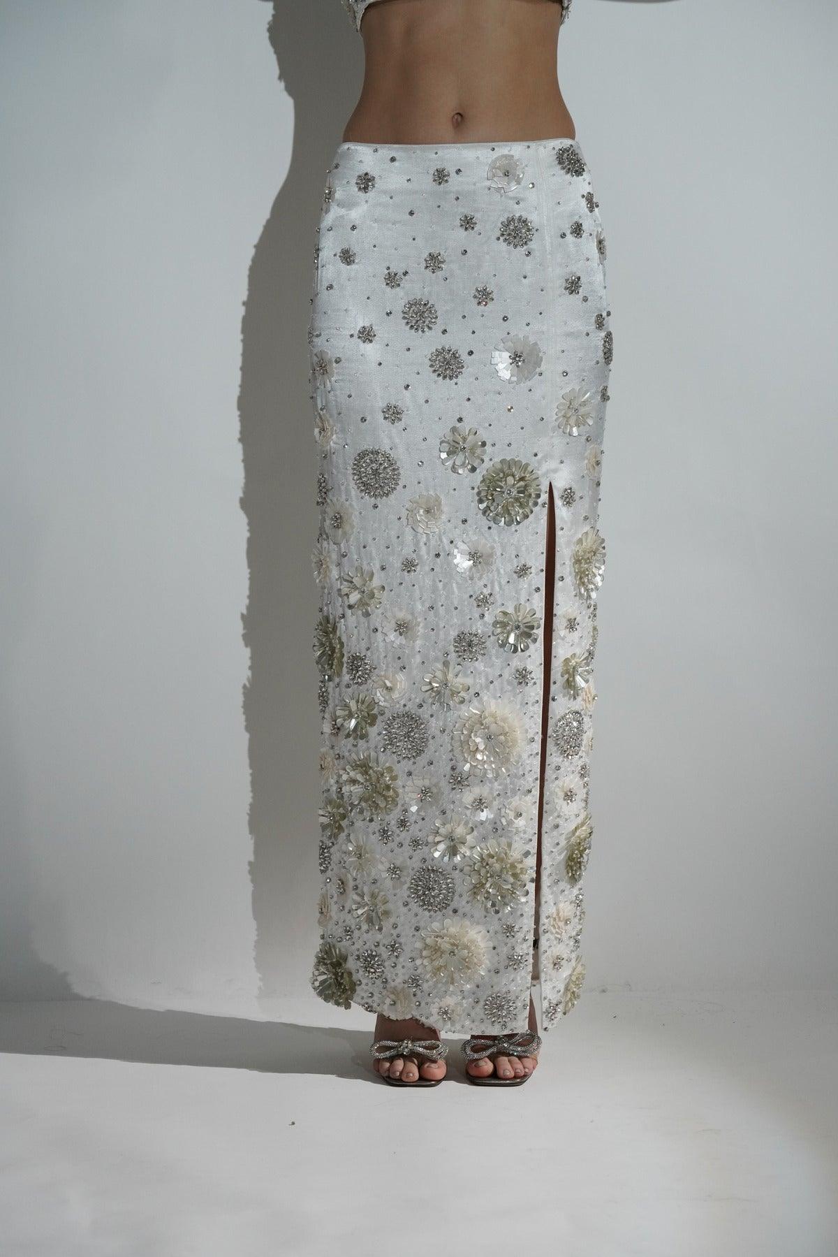 CHARLOTTE WHITE FLORAL SEQUIN EMBELLISHED MAXI SKIRT
