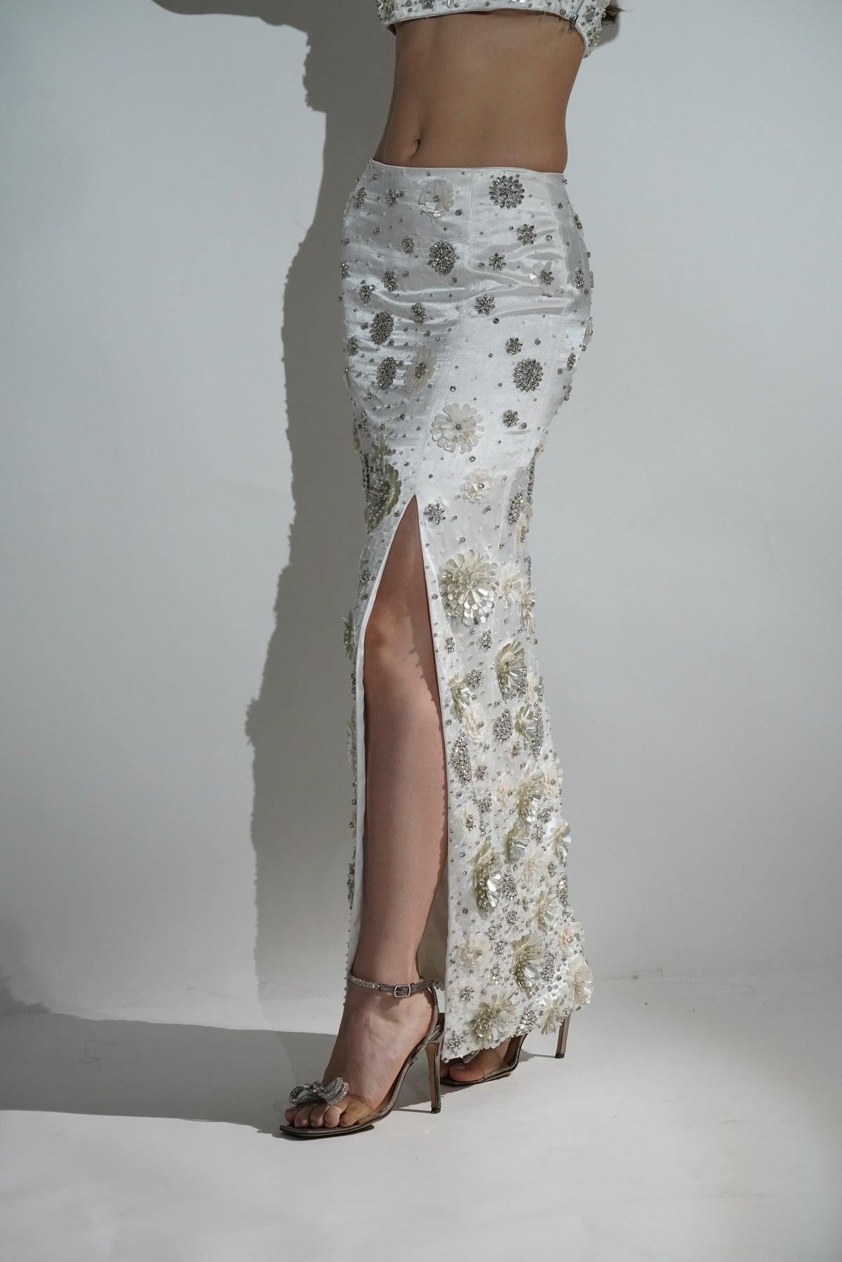 CHARLOTTE WHITE FLORAL SEQUIN EMBELLISHED MAXI SKIRT