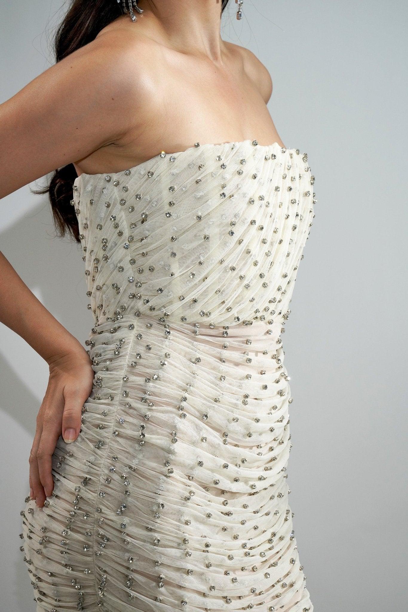 DELILAH OFF WHITE CRYSTAL EMBELLISHED MAXI DRAPE DRESS