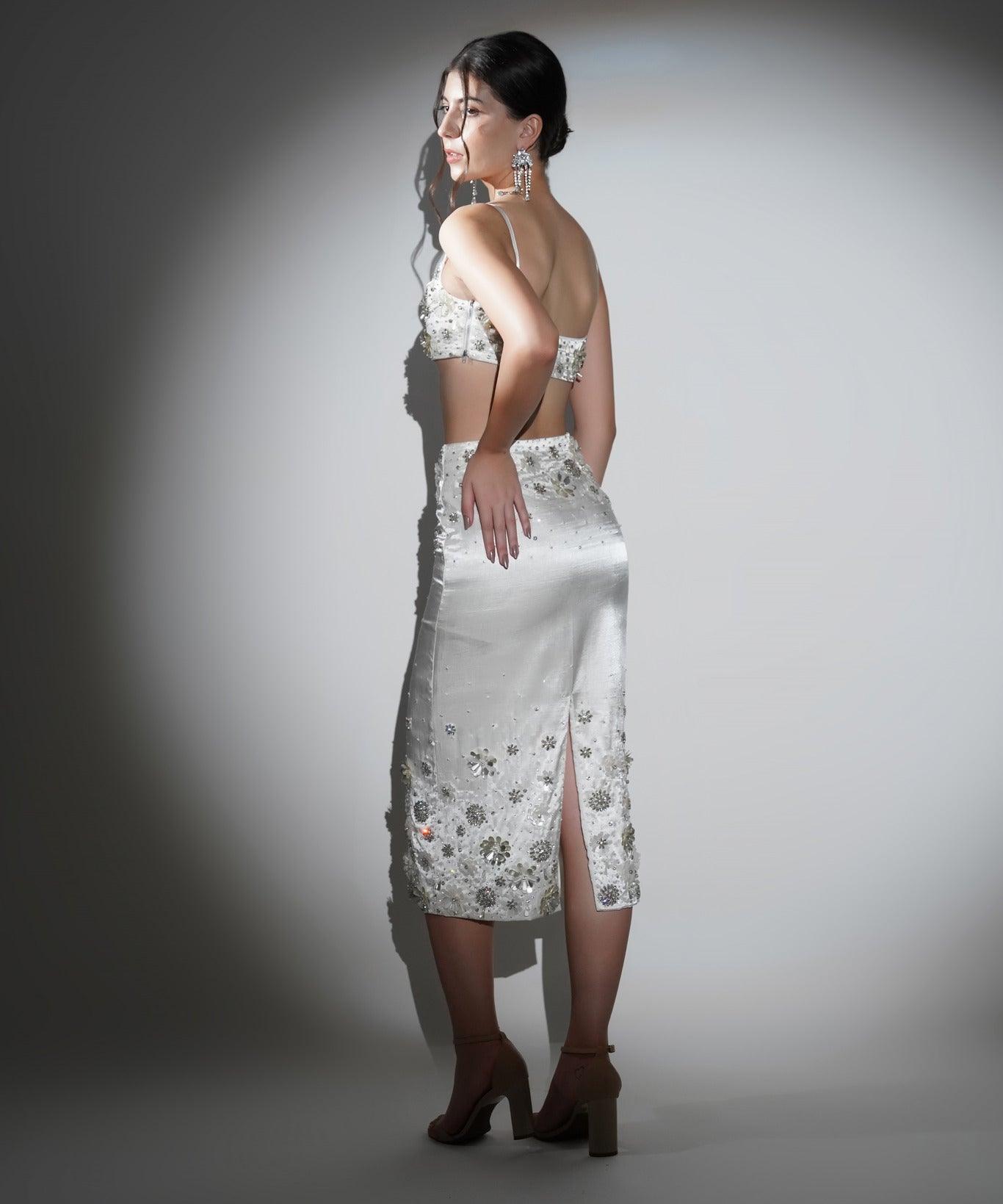 CHARLOTTE WHITE FLORAL SEQUIN EMBELLISHED MIDI SKIRT