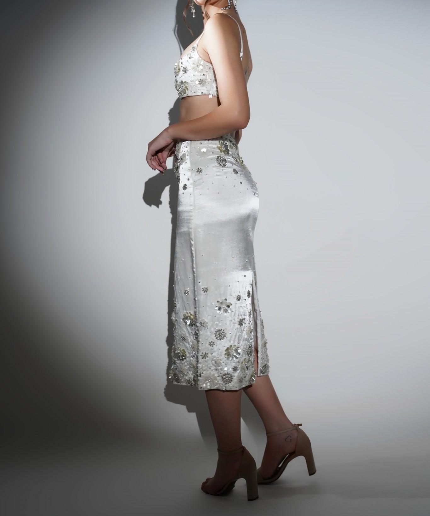 CHARLOTTE WHITE FLORAL SEQUIN EMBELLISHED MIDI SKIRT
