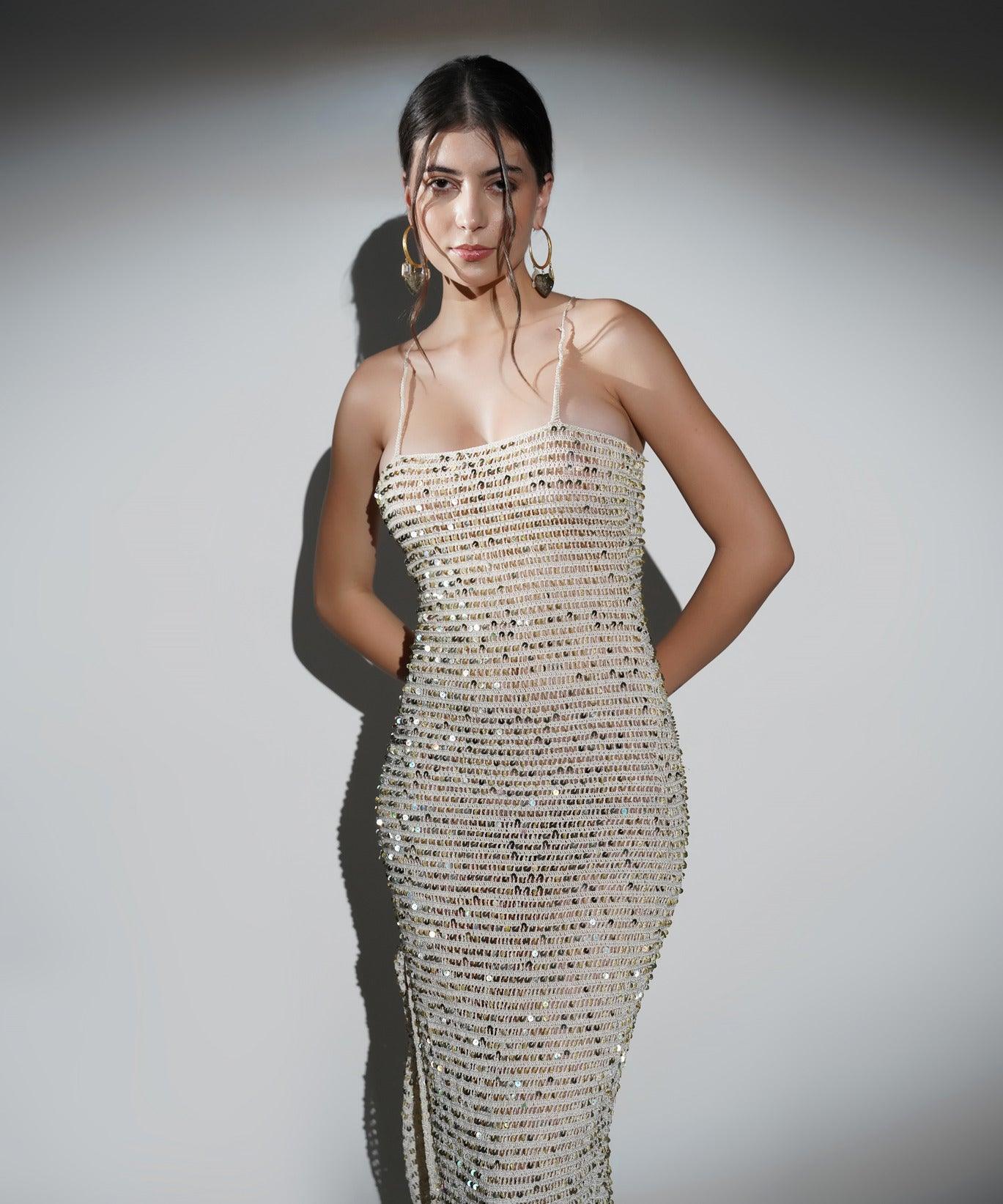 ARIA IVORY GOLDEN SEQUIN CROCHET MAXI DRESS