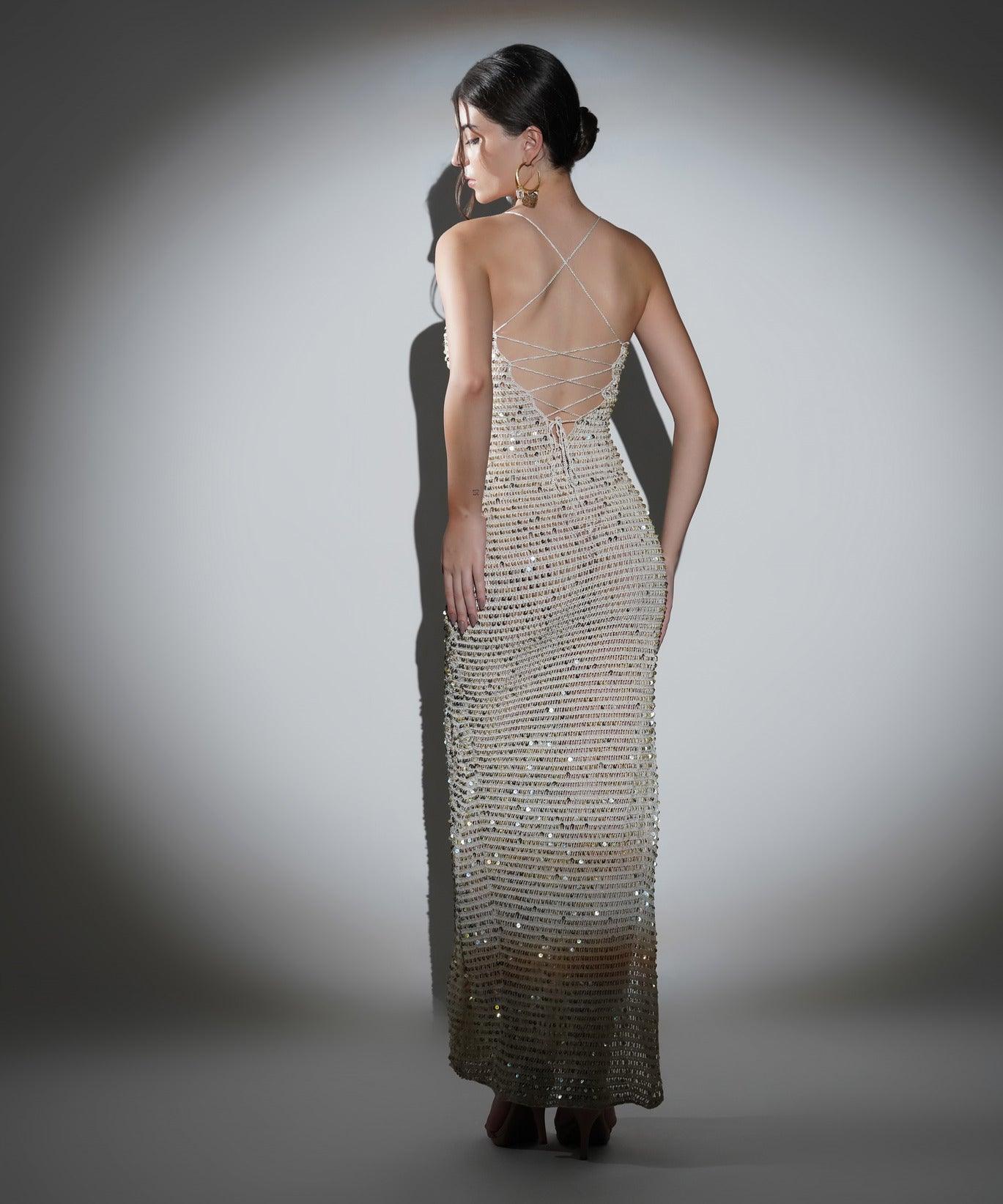 ARIA IVORY GOLDEN SEQUIN CROCHET MAXI DRESS