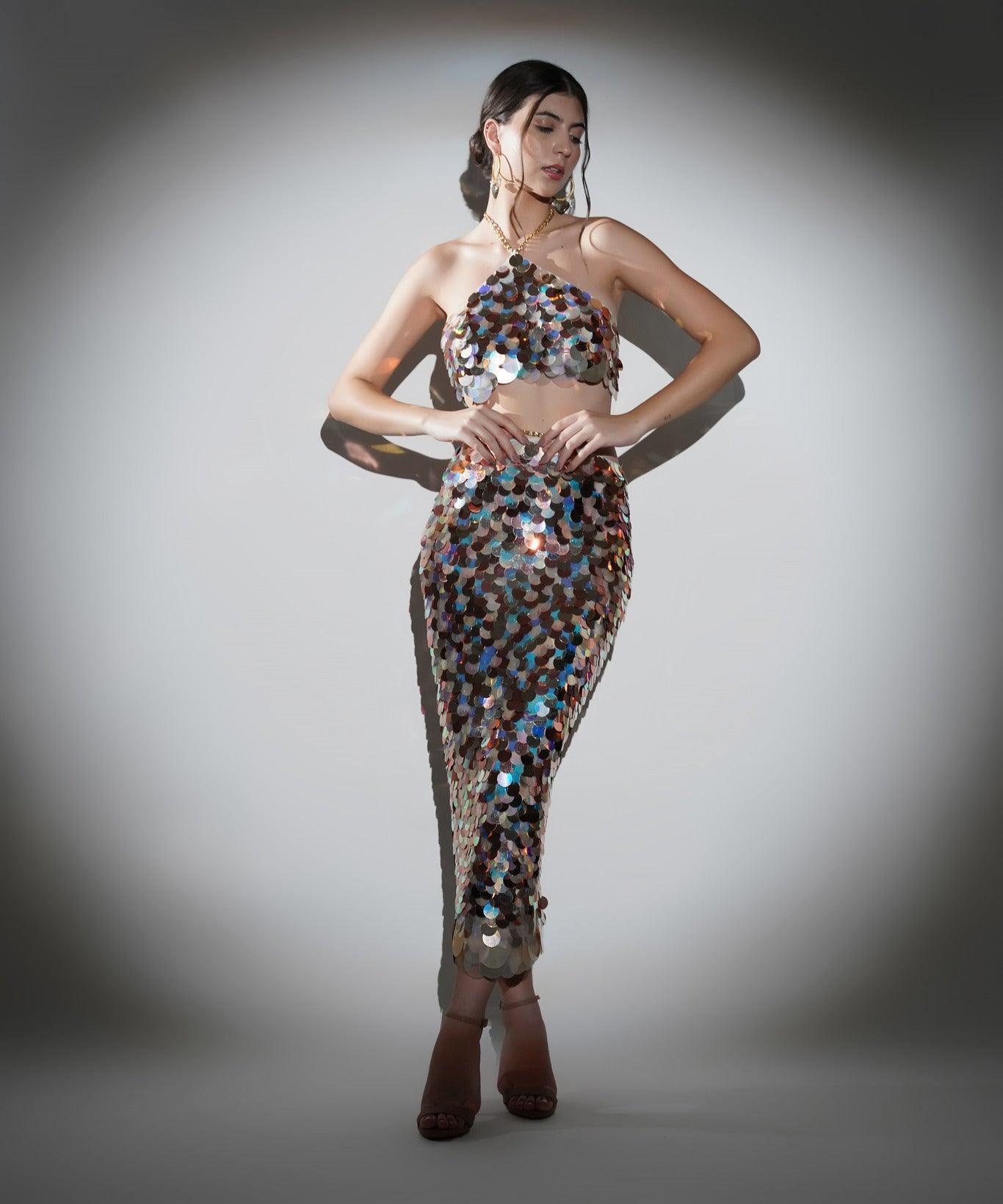 ISLA METALLIC SEQUIN HALTER CO-ORD SET ISLA METALLIC SEQUIN HALTER CO-ORD SET