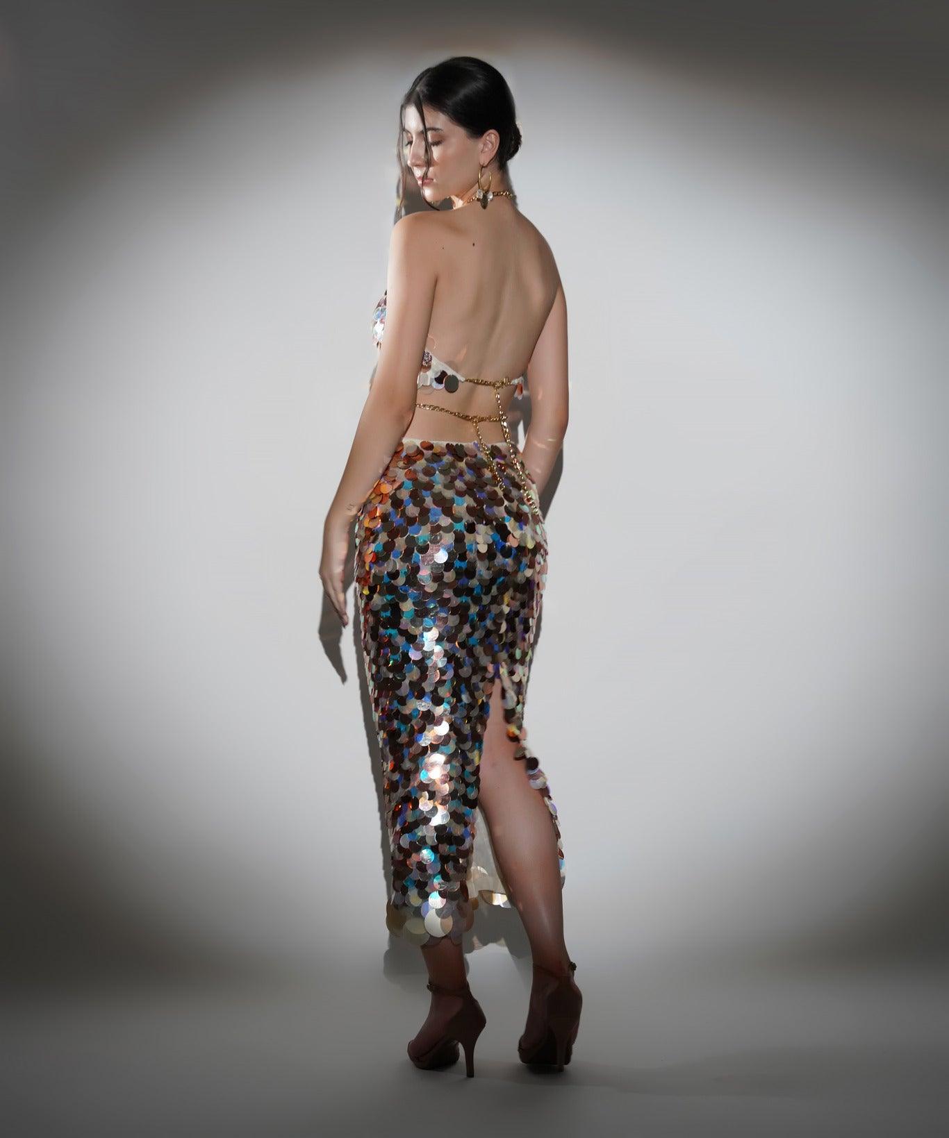 ISLA METALLIC SEQUIN HALTER CROP TOP