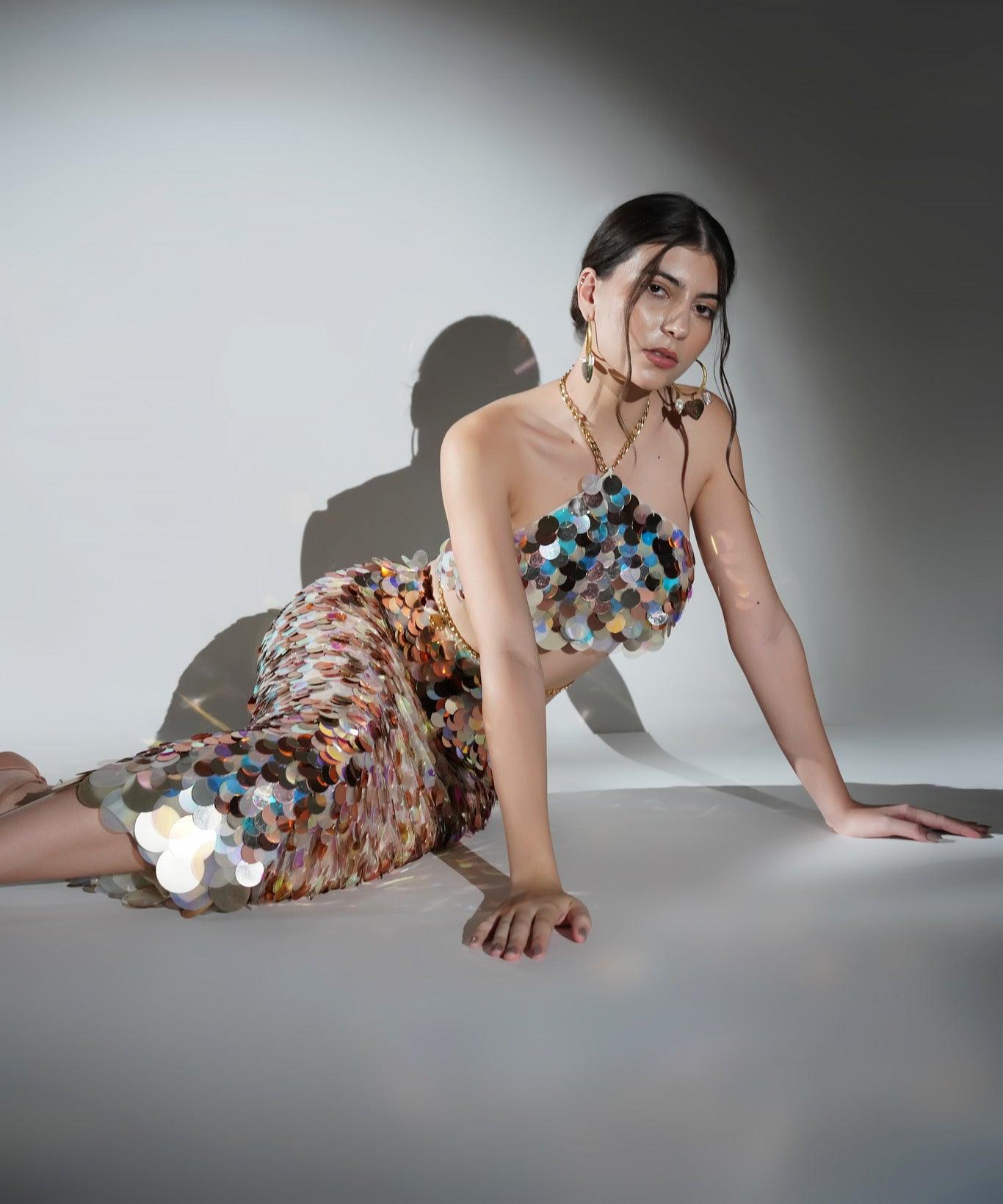 ISLA METALLIC SEQUIN PENCIL SKIRT