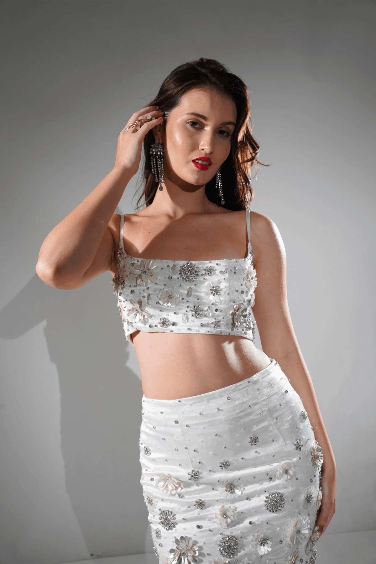 CHARLOTTE WHITE FLORAL SEQUIN EMBELLISHED MINI CO-ORD SET