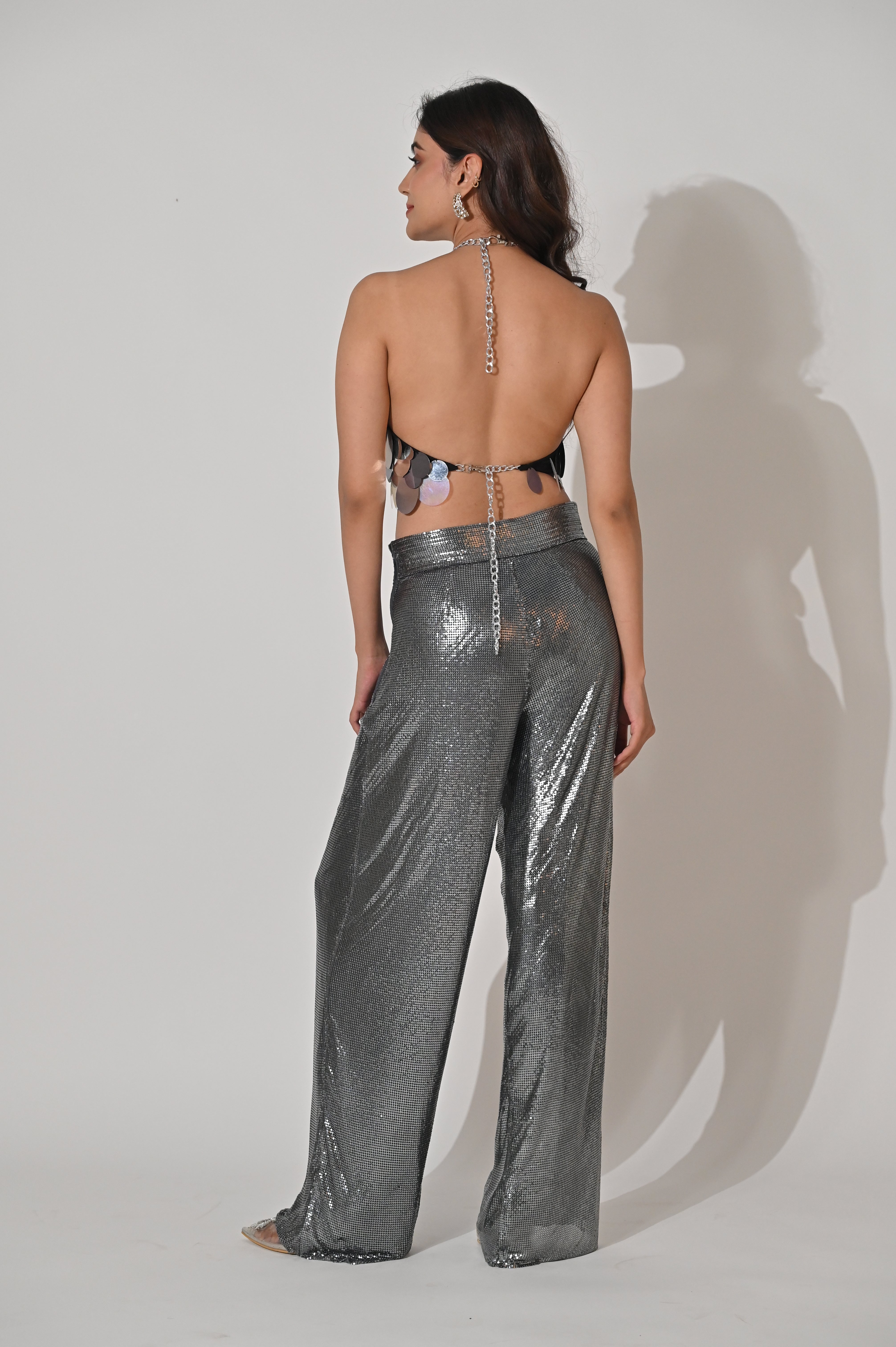 ISLA METALLIC SILVER SEQUIN HALTER CROP TOP