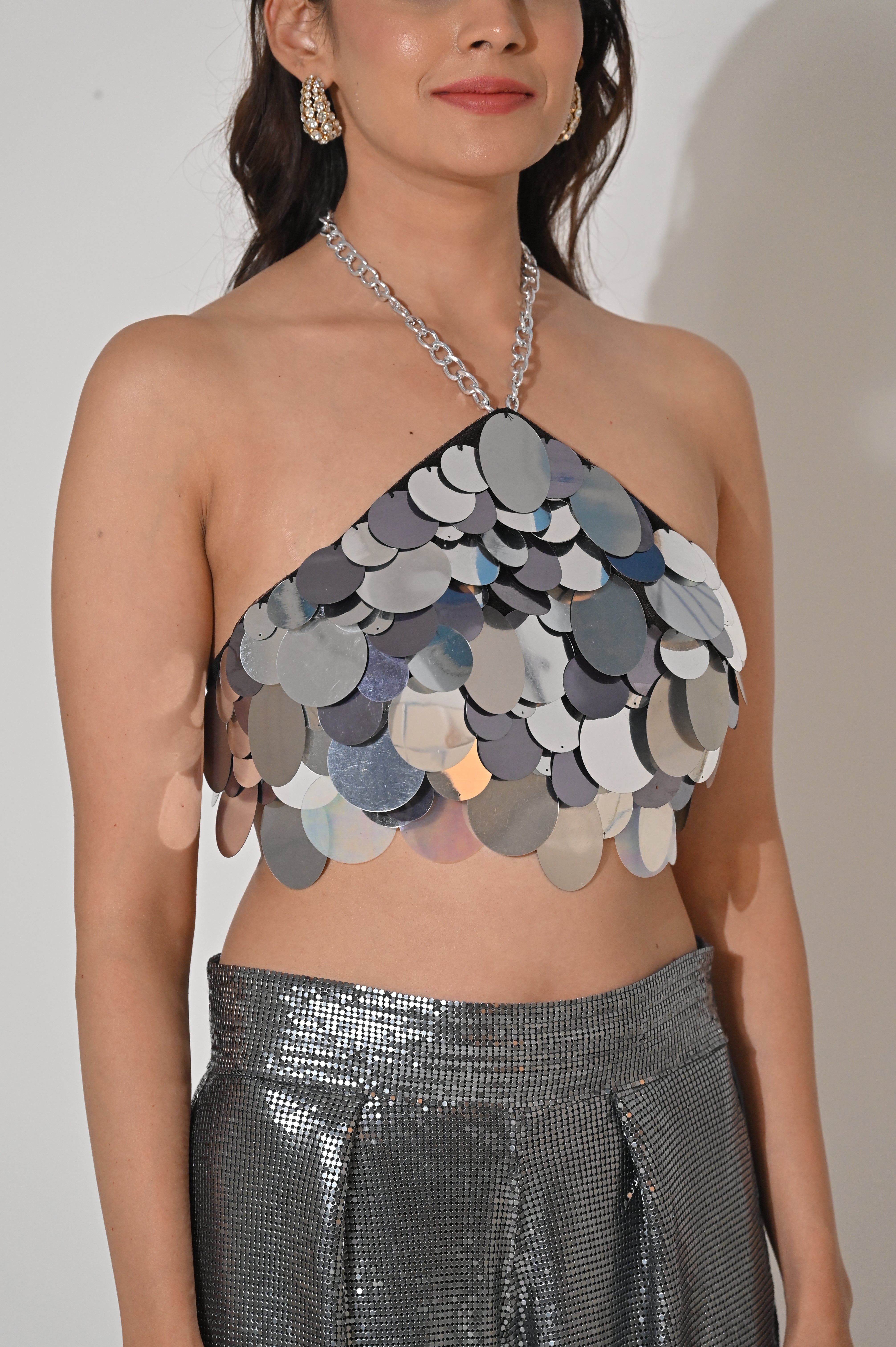ISLA METALLIC SILVER SEQUIN HALTER CROP TOP