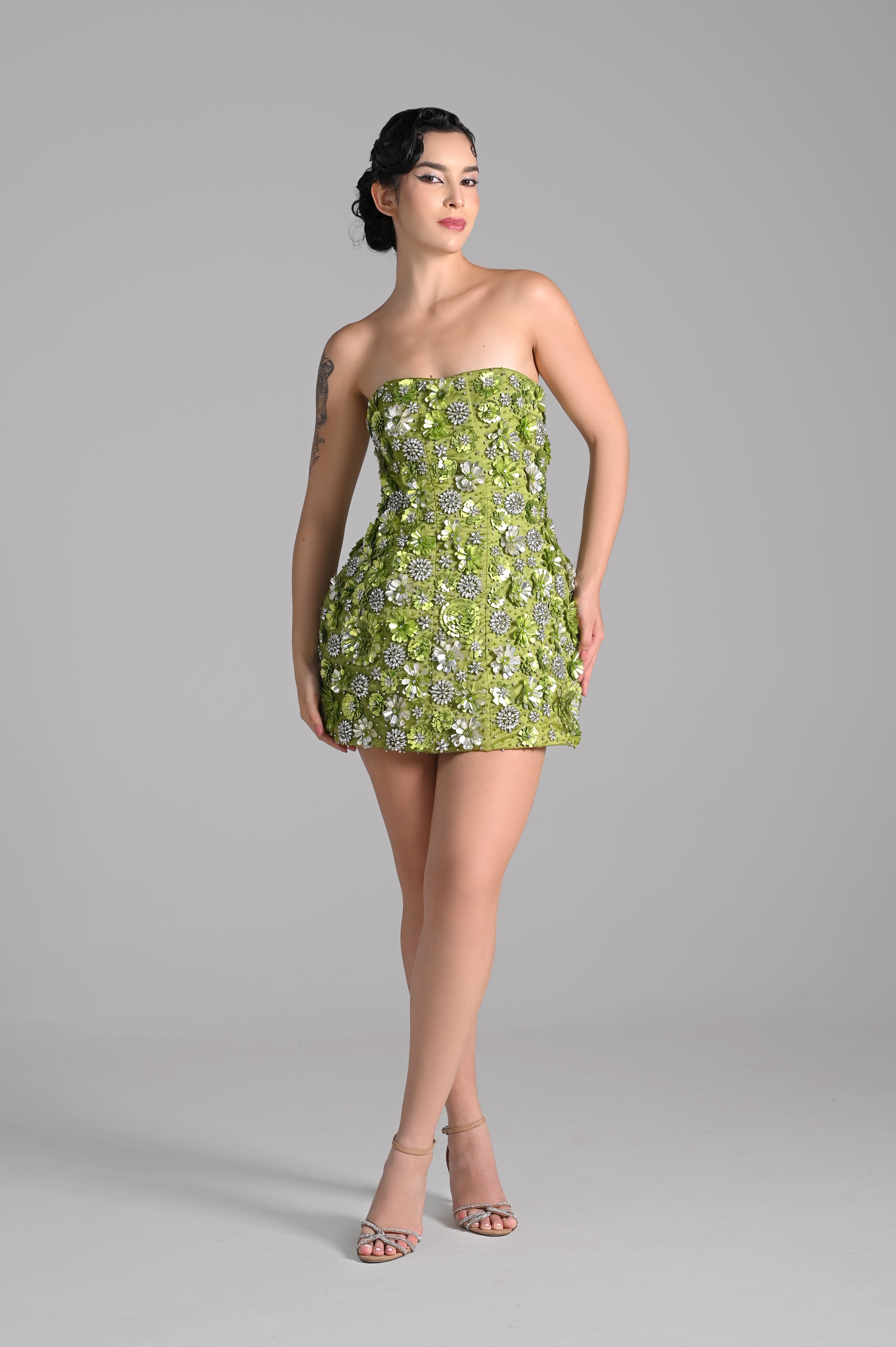 CHARLOTTE GREEN FLORAL EMBELLISHED MINI DRESS