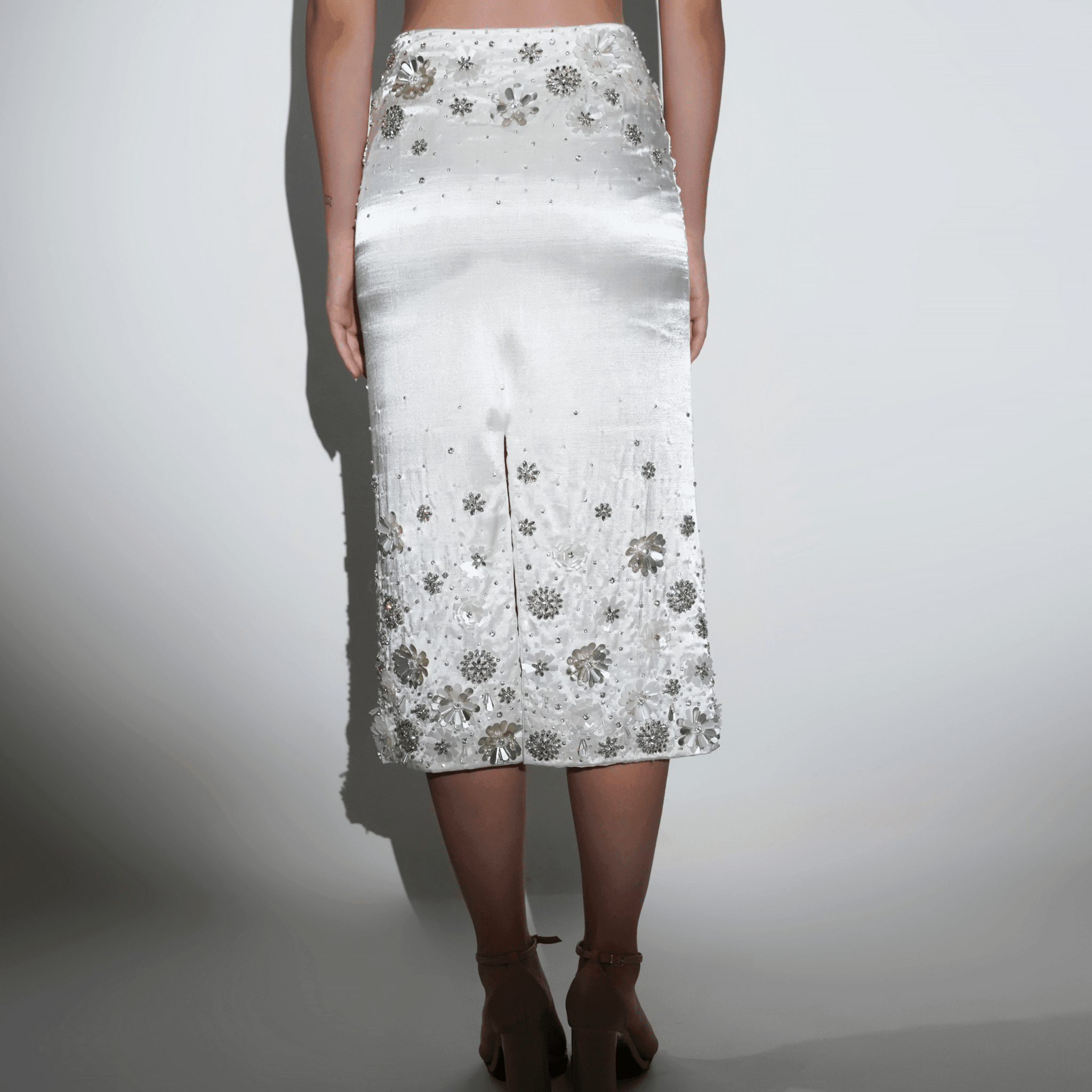 CHARLOTTE WHITE FLORAL SEQUIN EMBELLISHED MIDI SKIRT