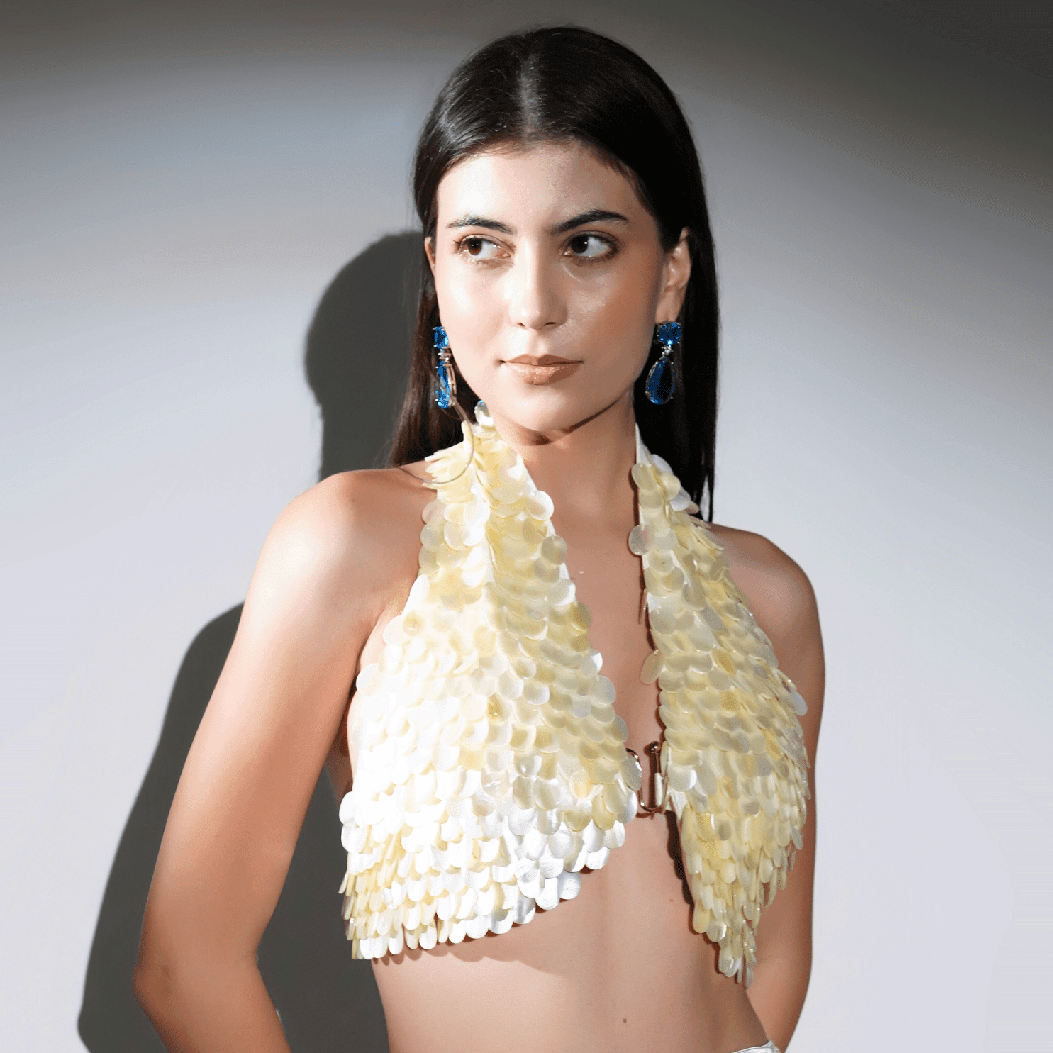 ALANA IVORY MOTHER OF PEARLS EMBELLISHED CROP TOP