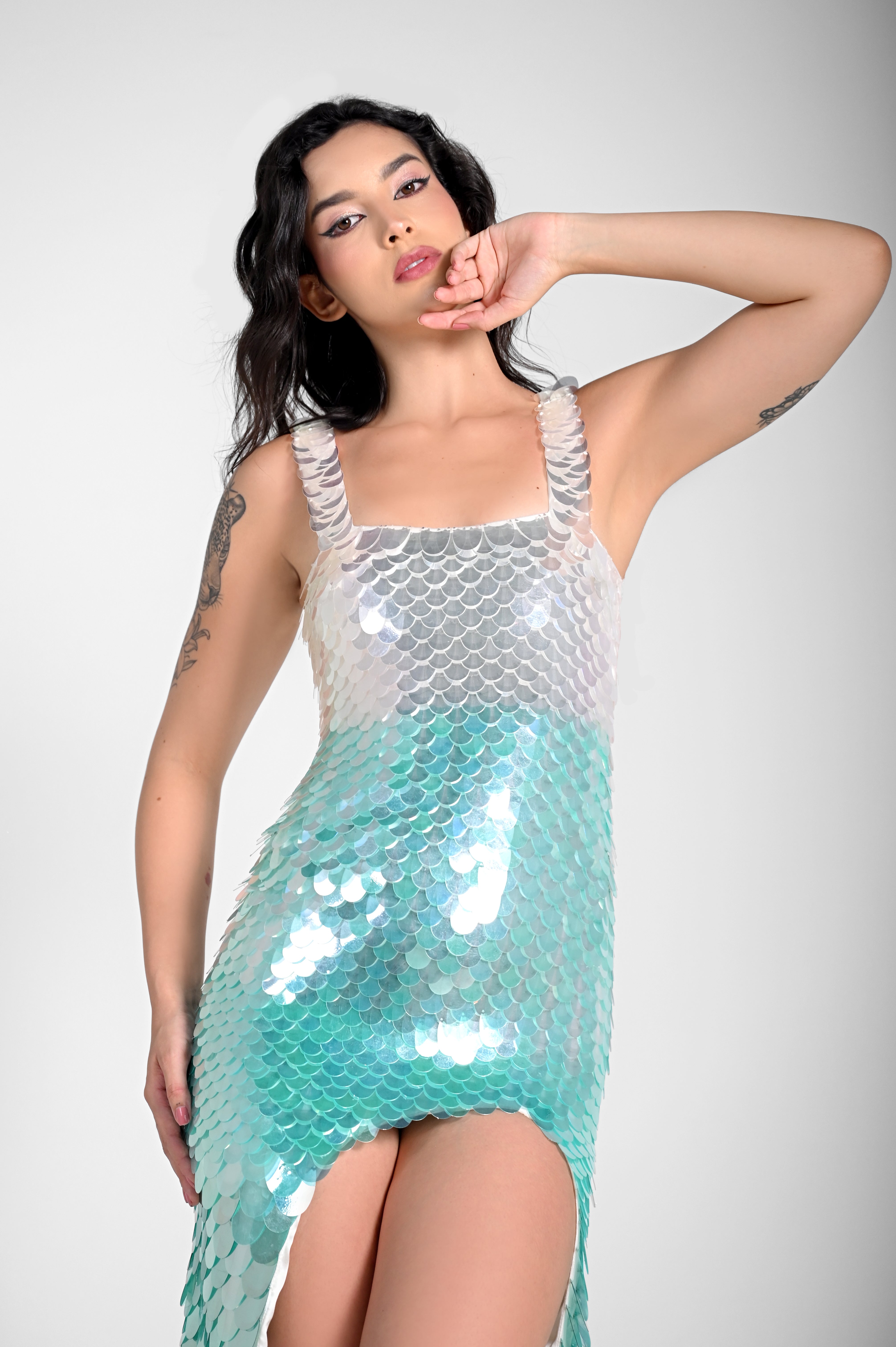 ANASTASIA TEAL HOLOGRAPHIC MAXI DRESS