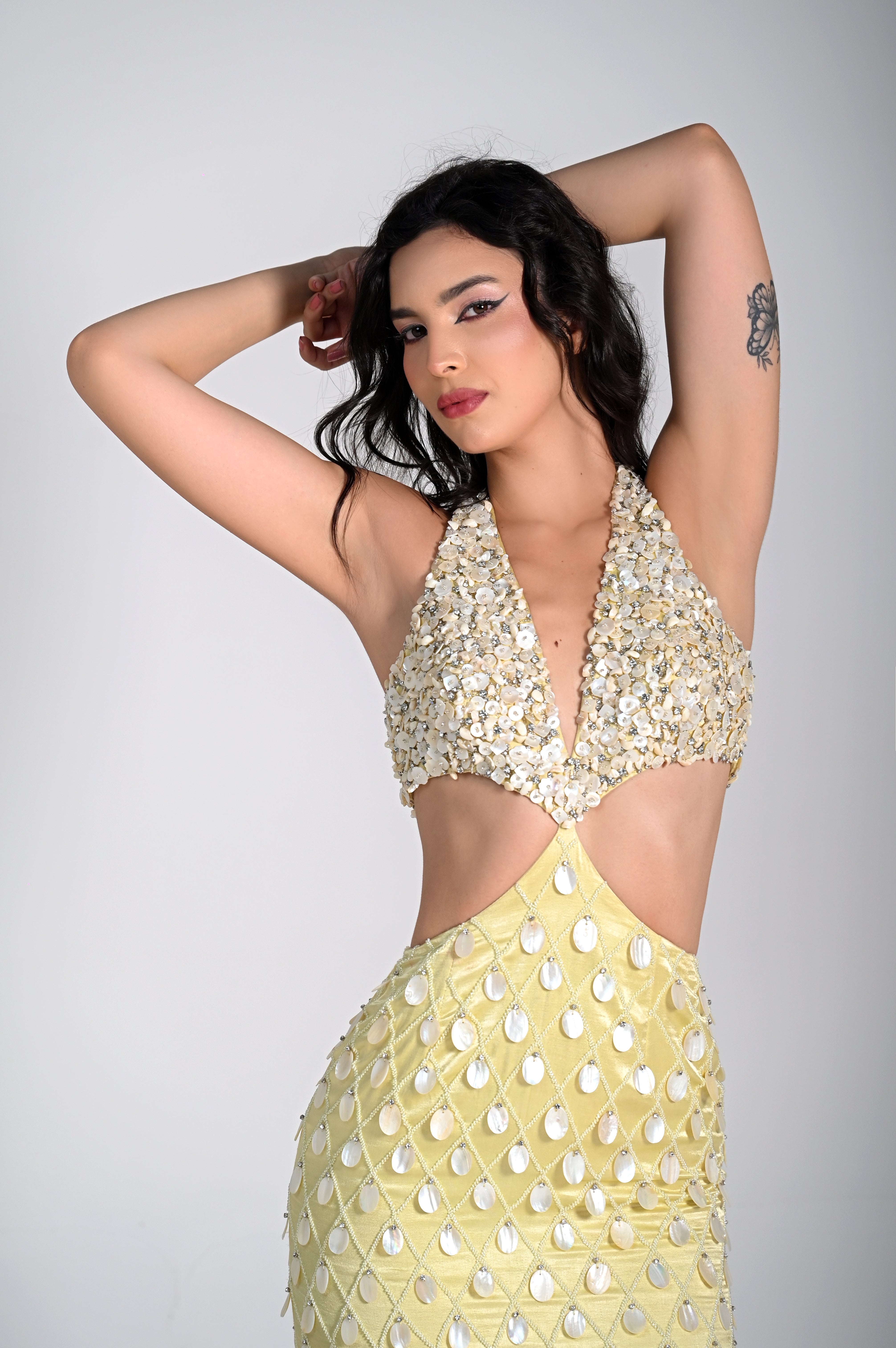 MADELINE HALTER NECK PISTACHIO LIME PEARL MAXI DRESS