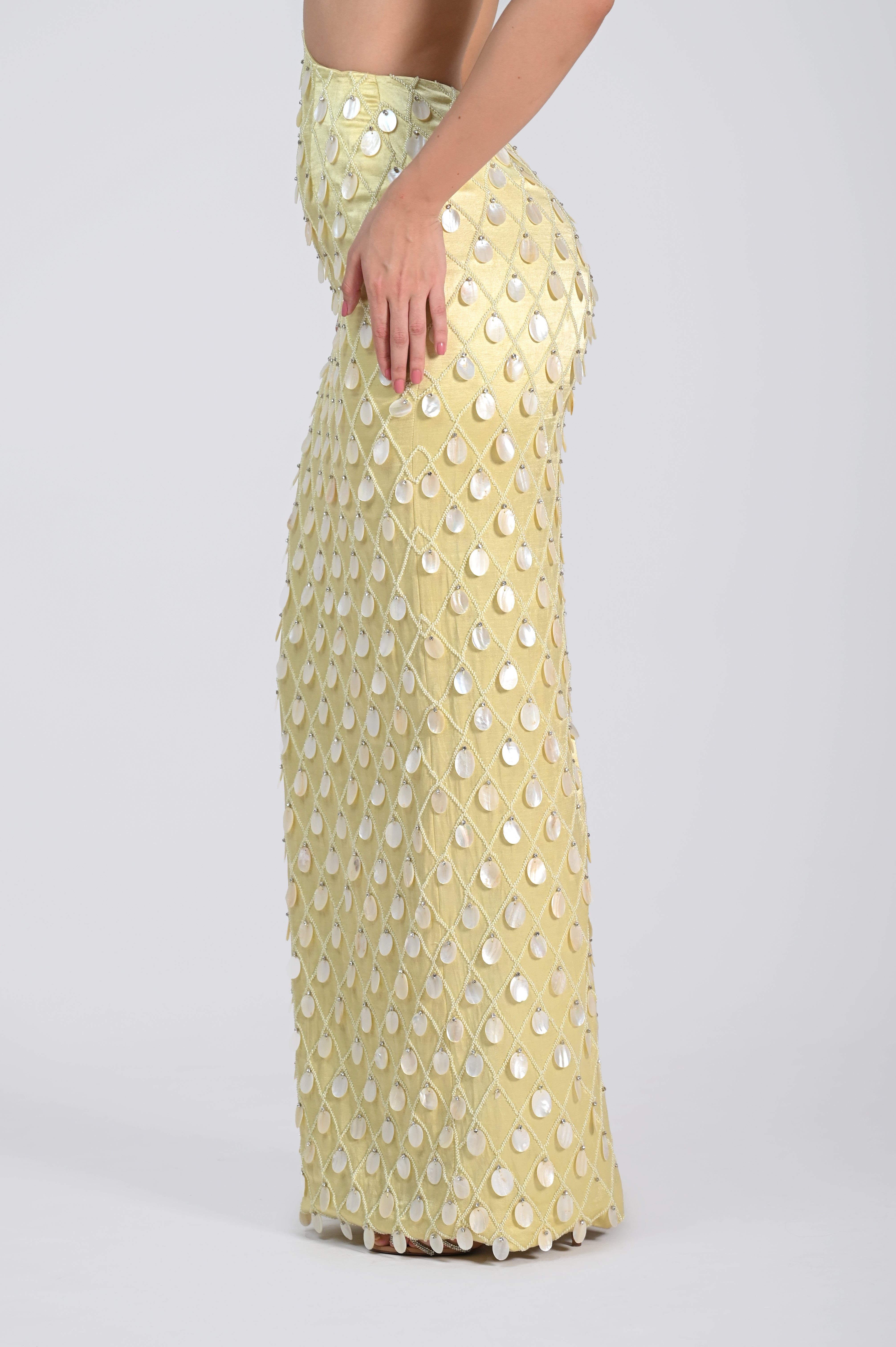 MADELINE HALTER NECK PISTACHIO LIME PEARL MAXI DRESS
