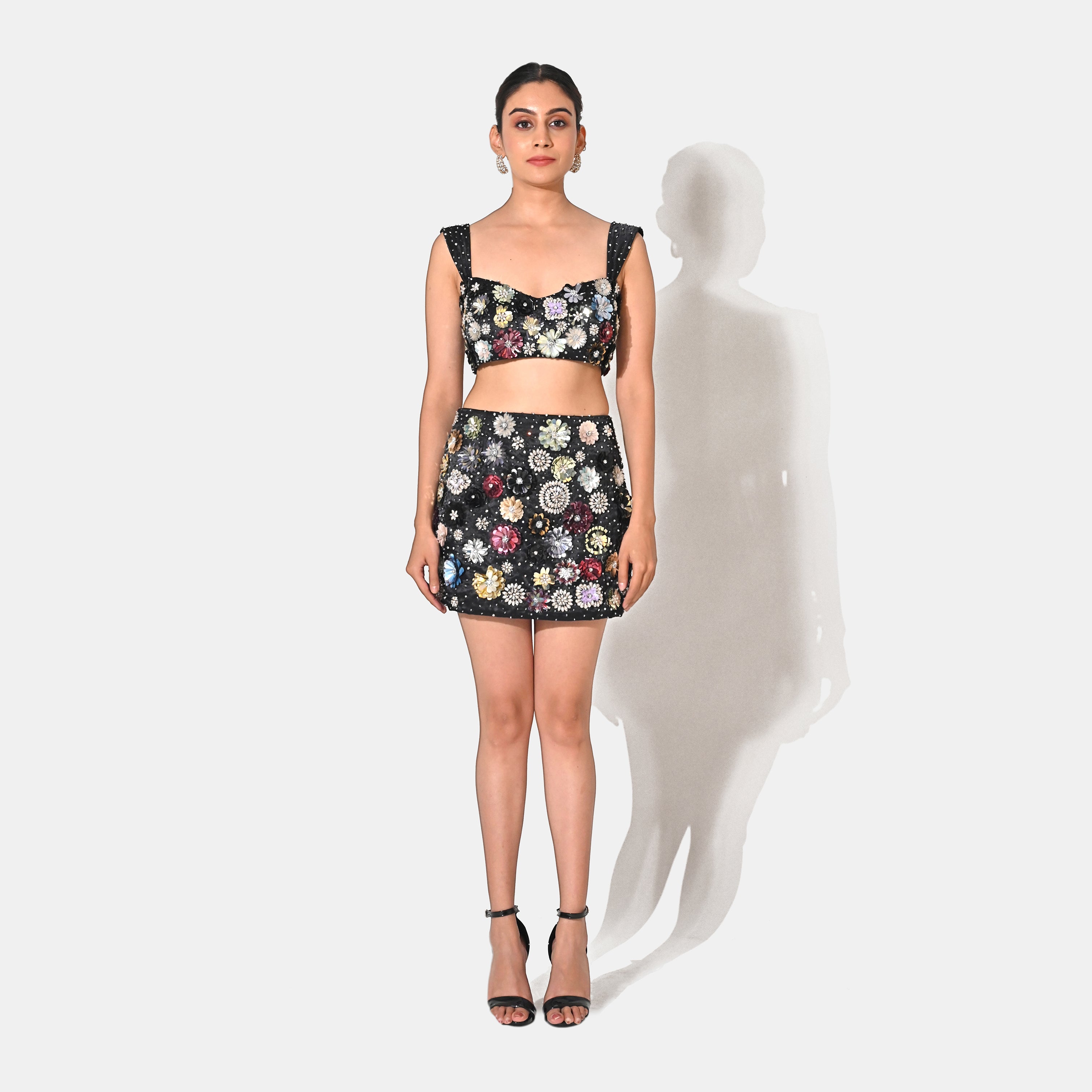 CHARLOTTE BLACK FLORAL SEQUIN EMBELLISHED MINI SKIRT