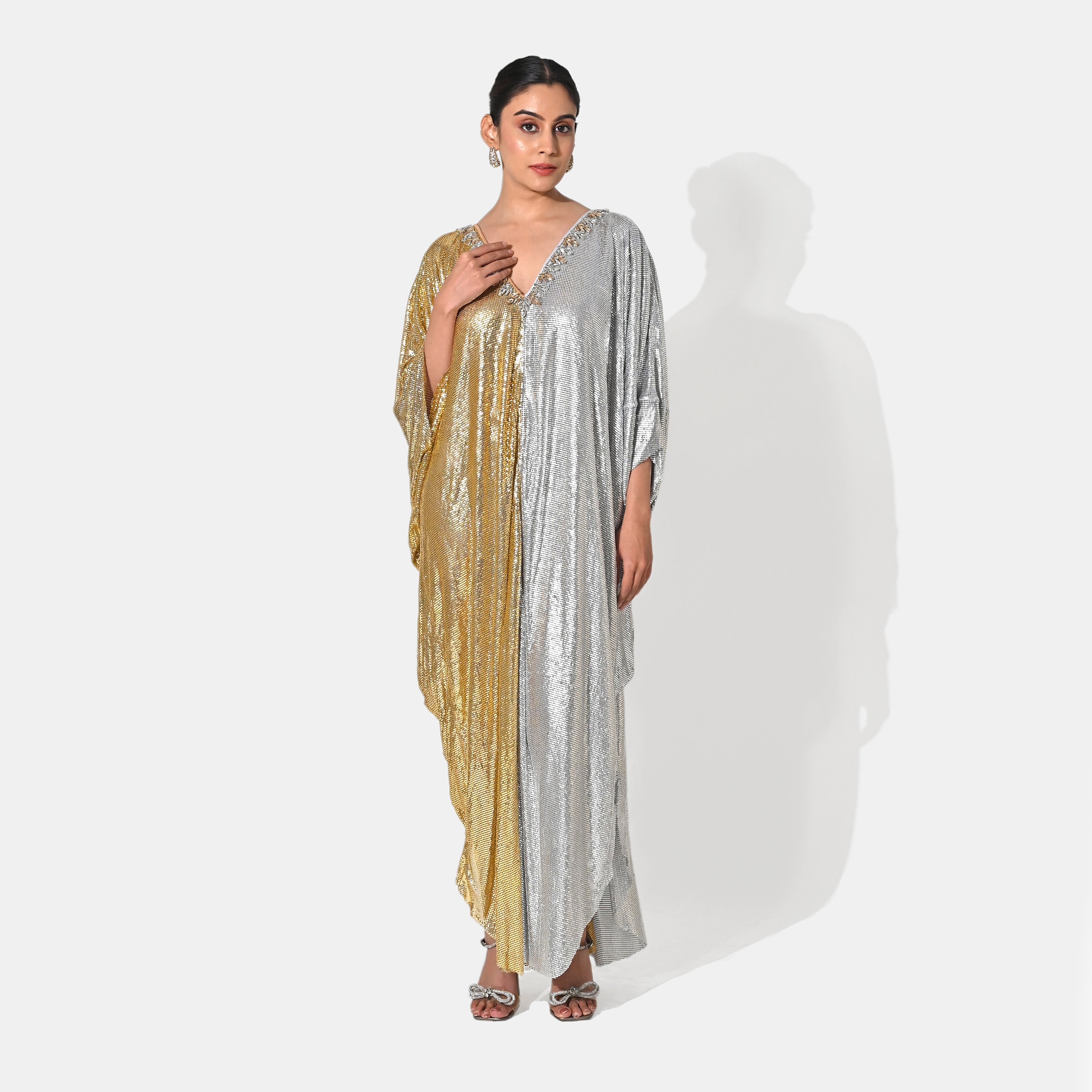 NOOR CHAIN MAIL METALLIC GOLD SILVER KAFTAN