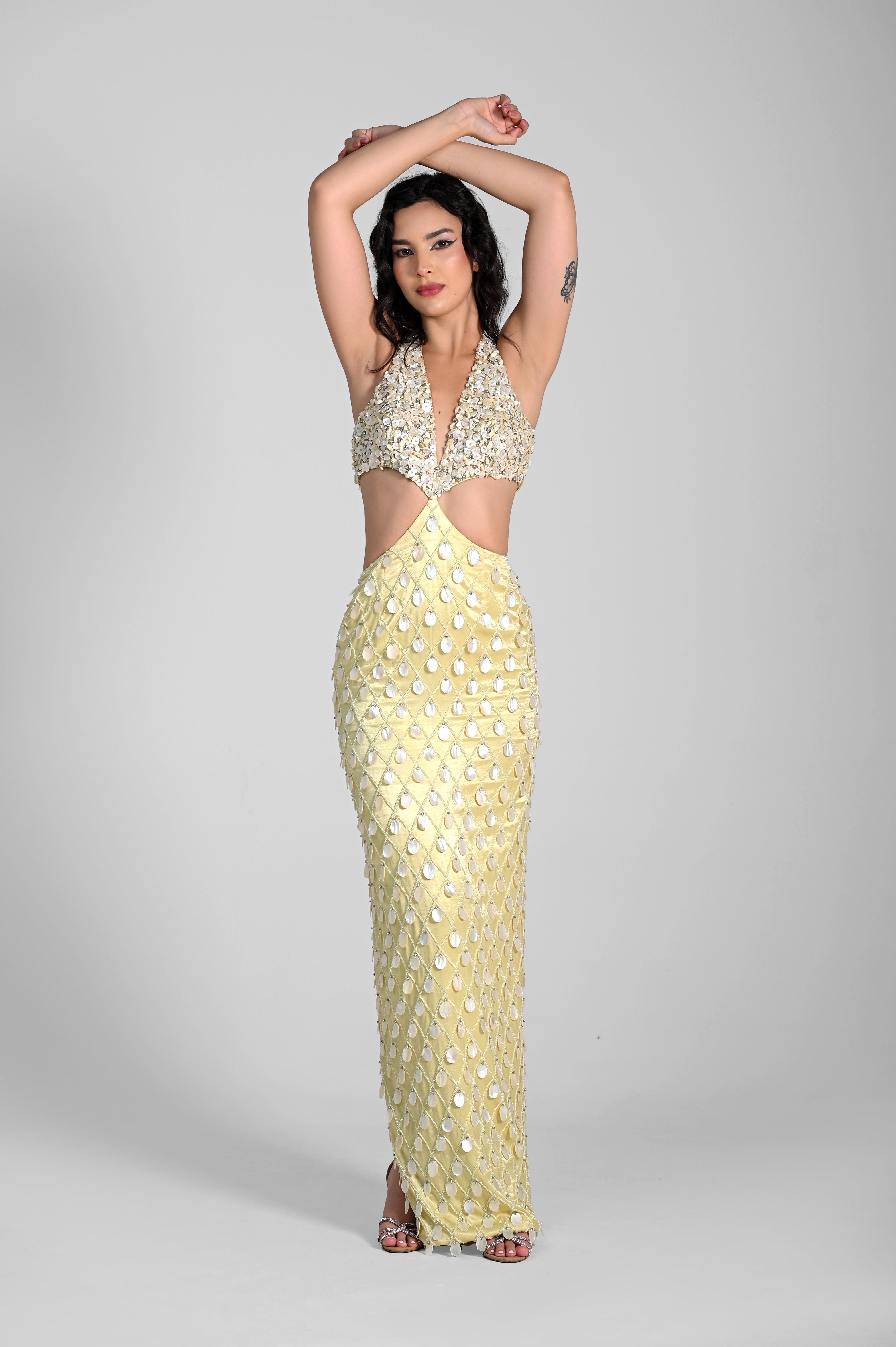 MADELINE HALTER NECK PISTACHIO LIME PEARL MAXI DRESS