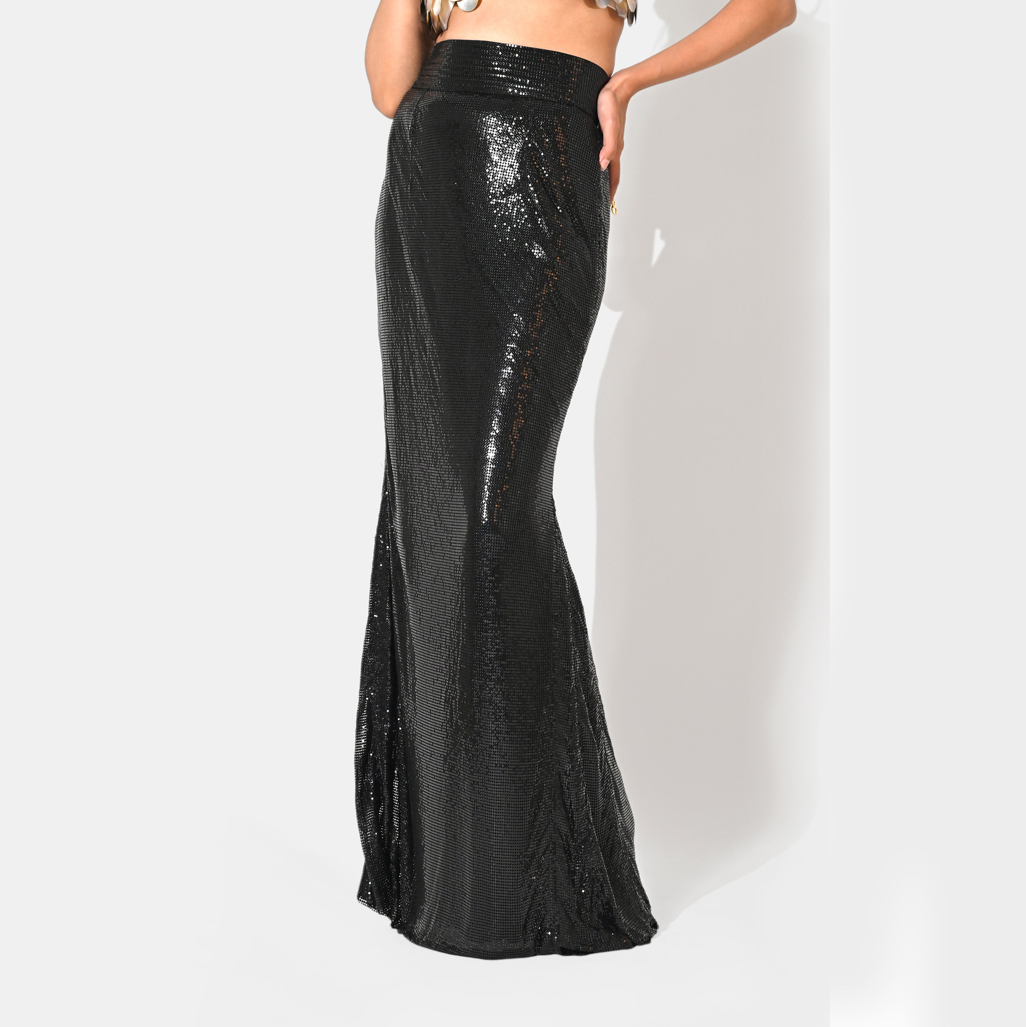 AMARA BLACK METALLIC CHAINMAIL MAXI SKIRT