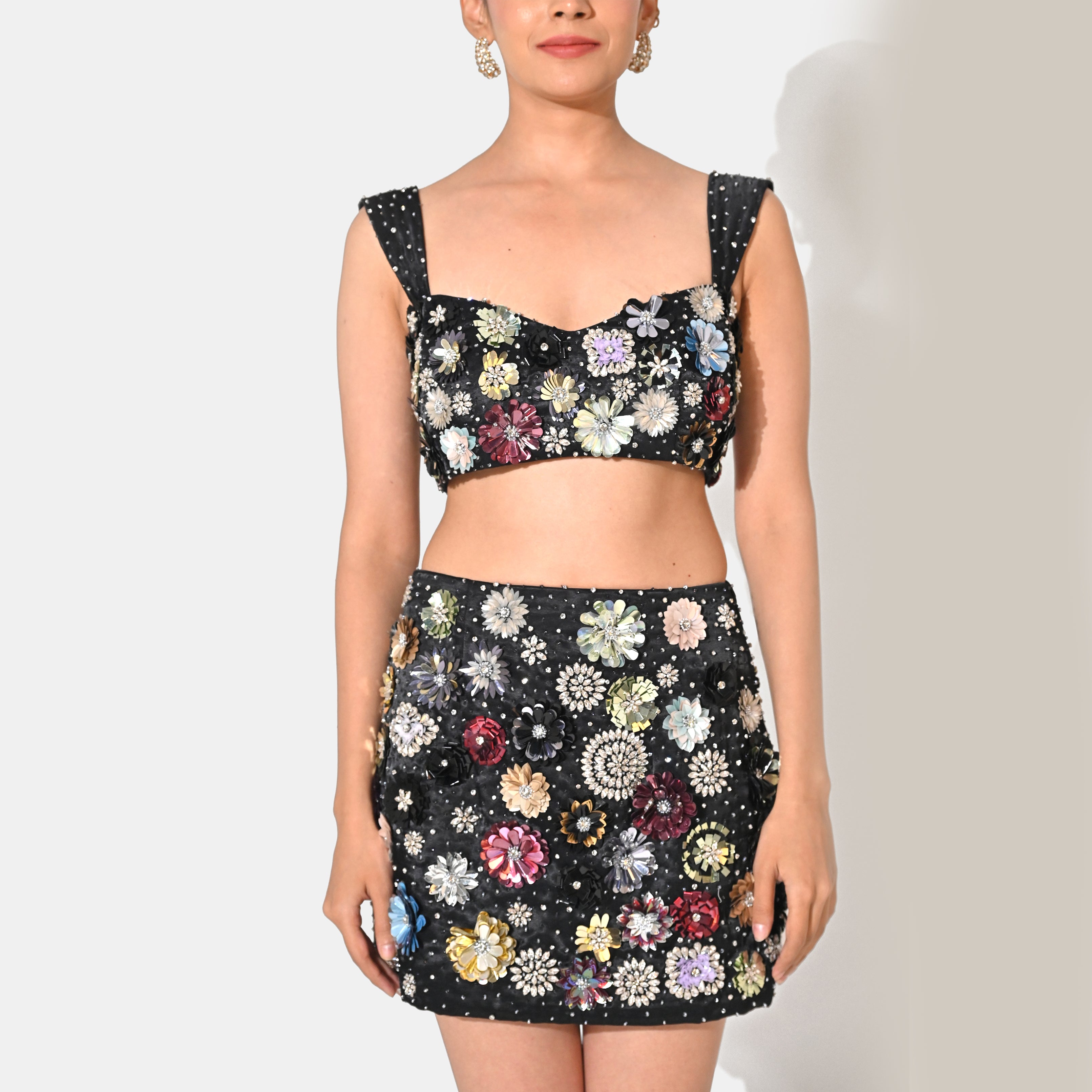 CHARLOTTE BLACK FLORAL SEQUIN EMBELLISHED MINI CO-ORD SET