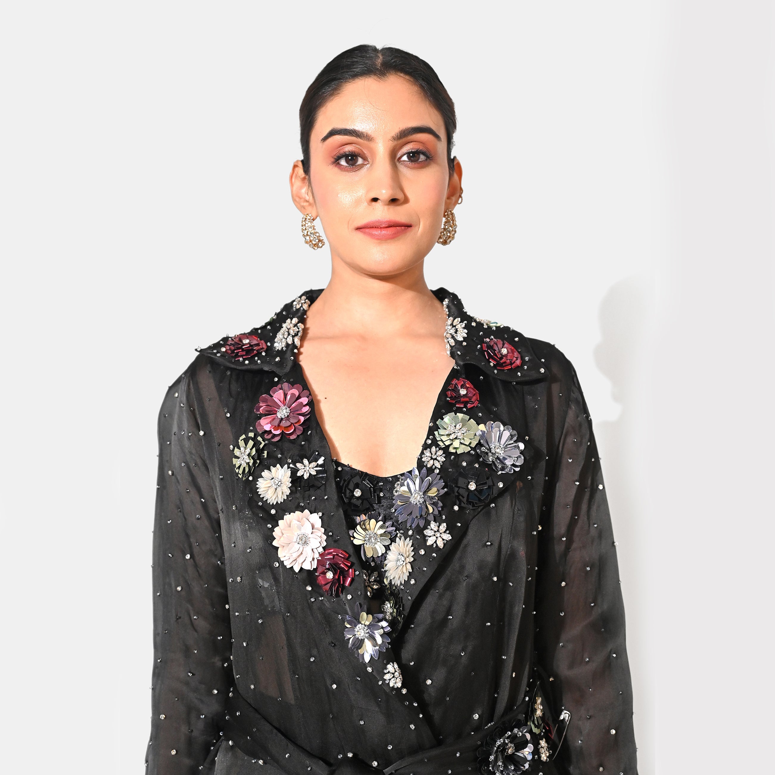 CHARLOTTE BLACK FLORAL SEQUIN EMBELLISHED TRENCH COAT