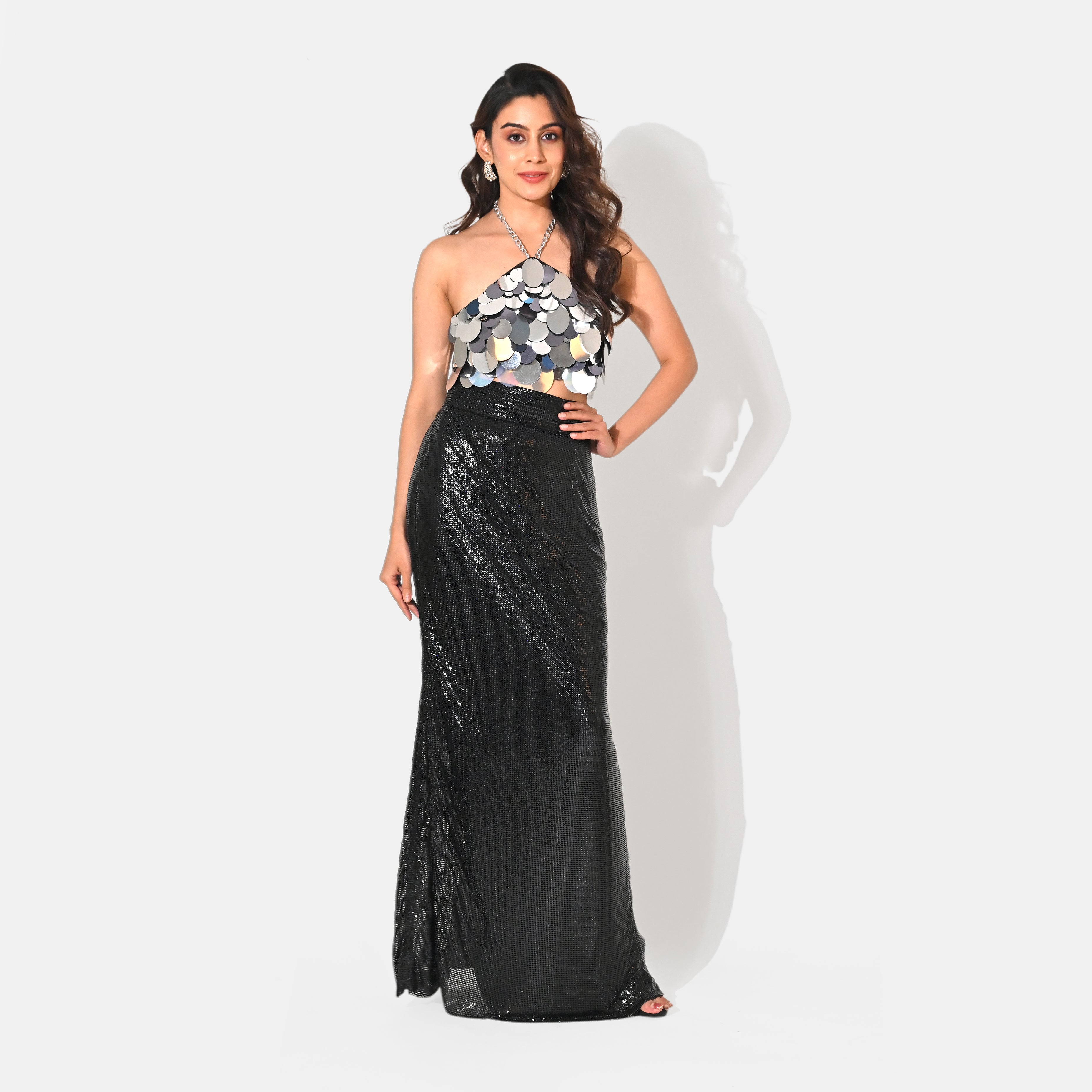 ISLA METALLIC SILVER SEQUIN HALTER CROP TOP