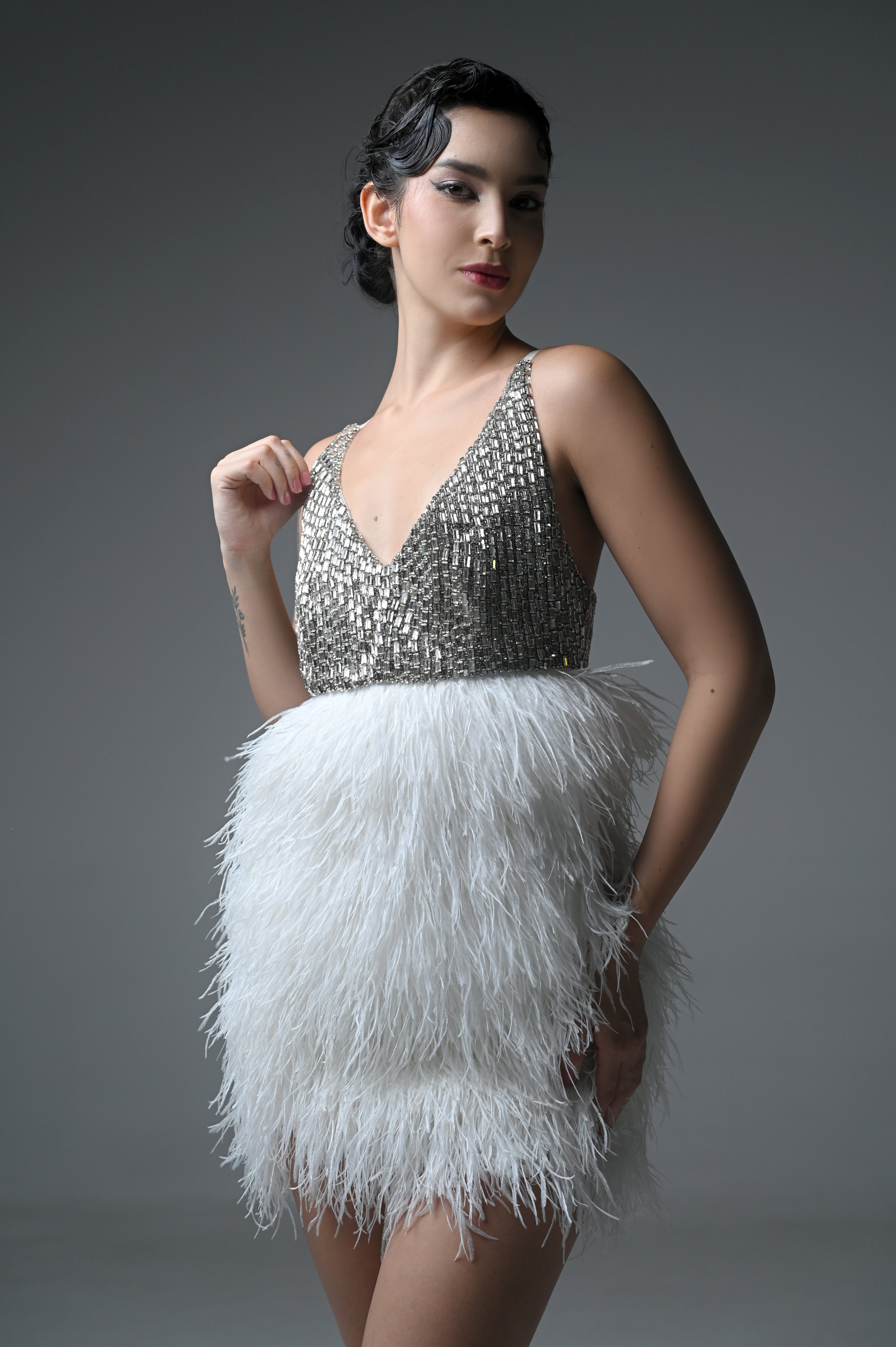 SABRINA CRYSTAL FEATHER MINI DRESS