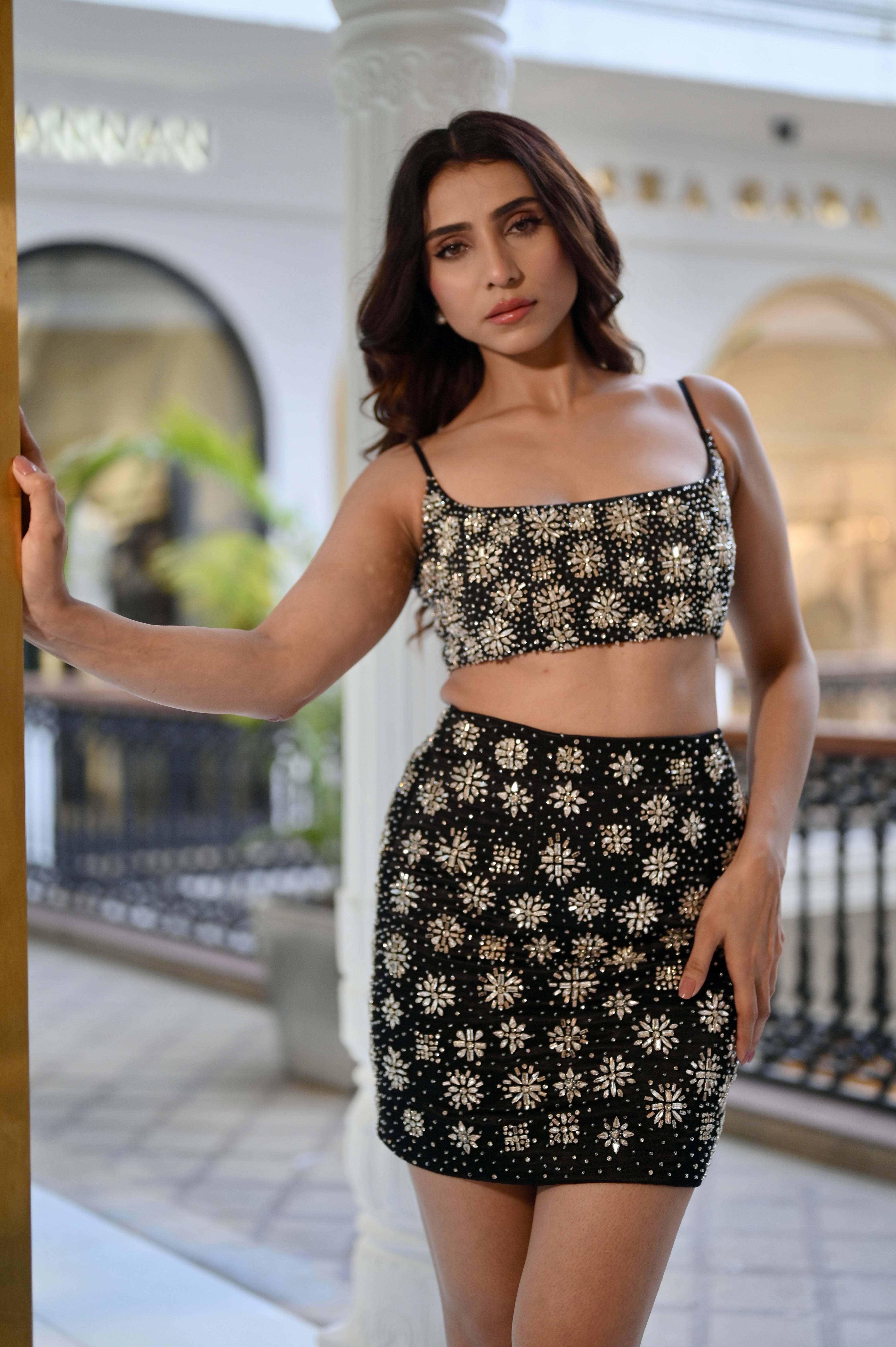 ASTRA CRYSTAL EMBELLISHED BLACK MINI SKIRT