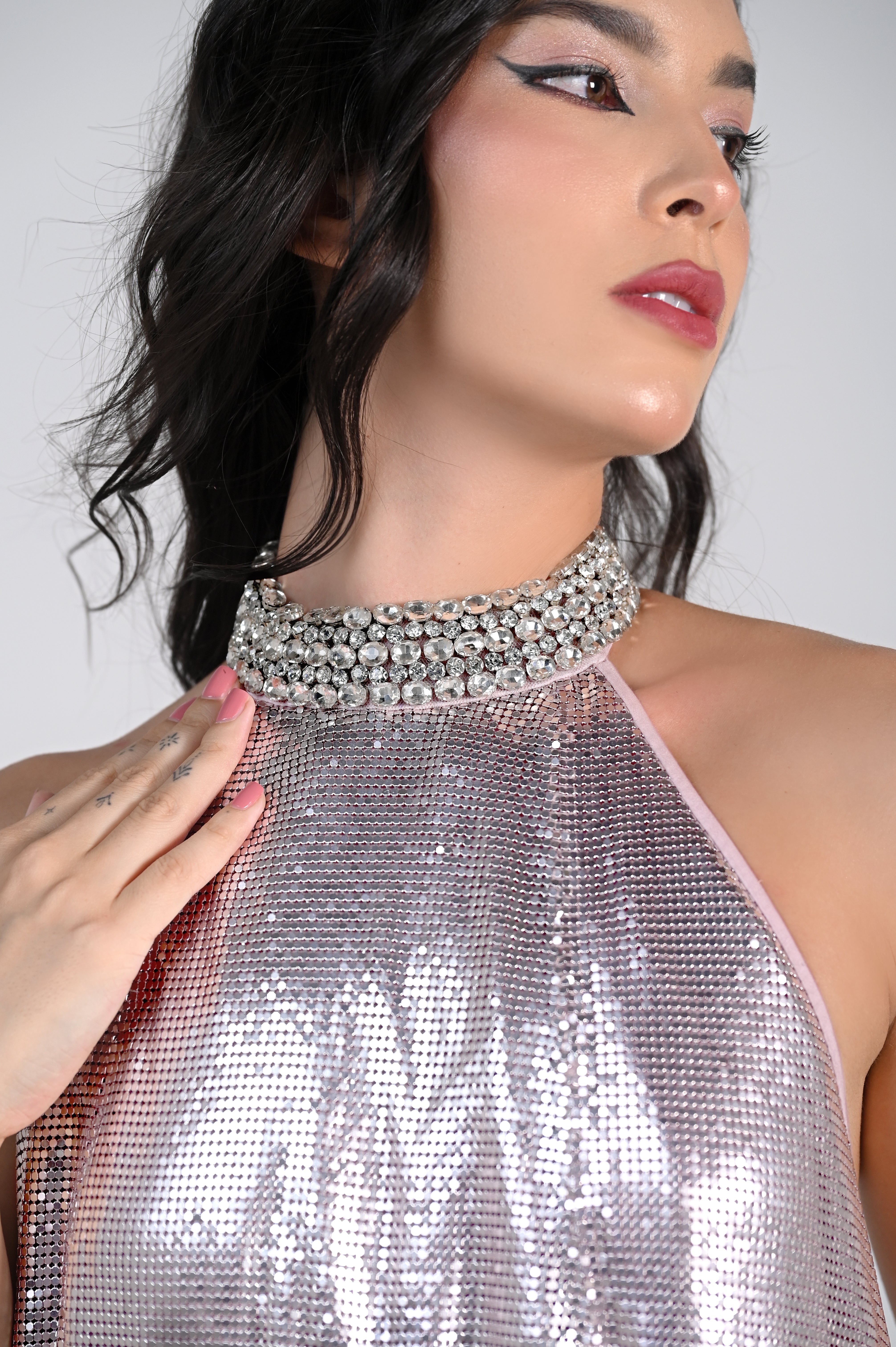 COCO ROSÈ CHAINMAIL METALLIC MINI DRESS WITH COLLAR